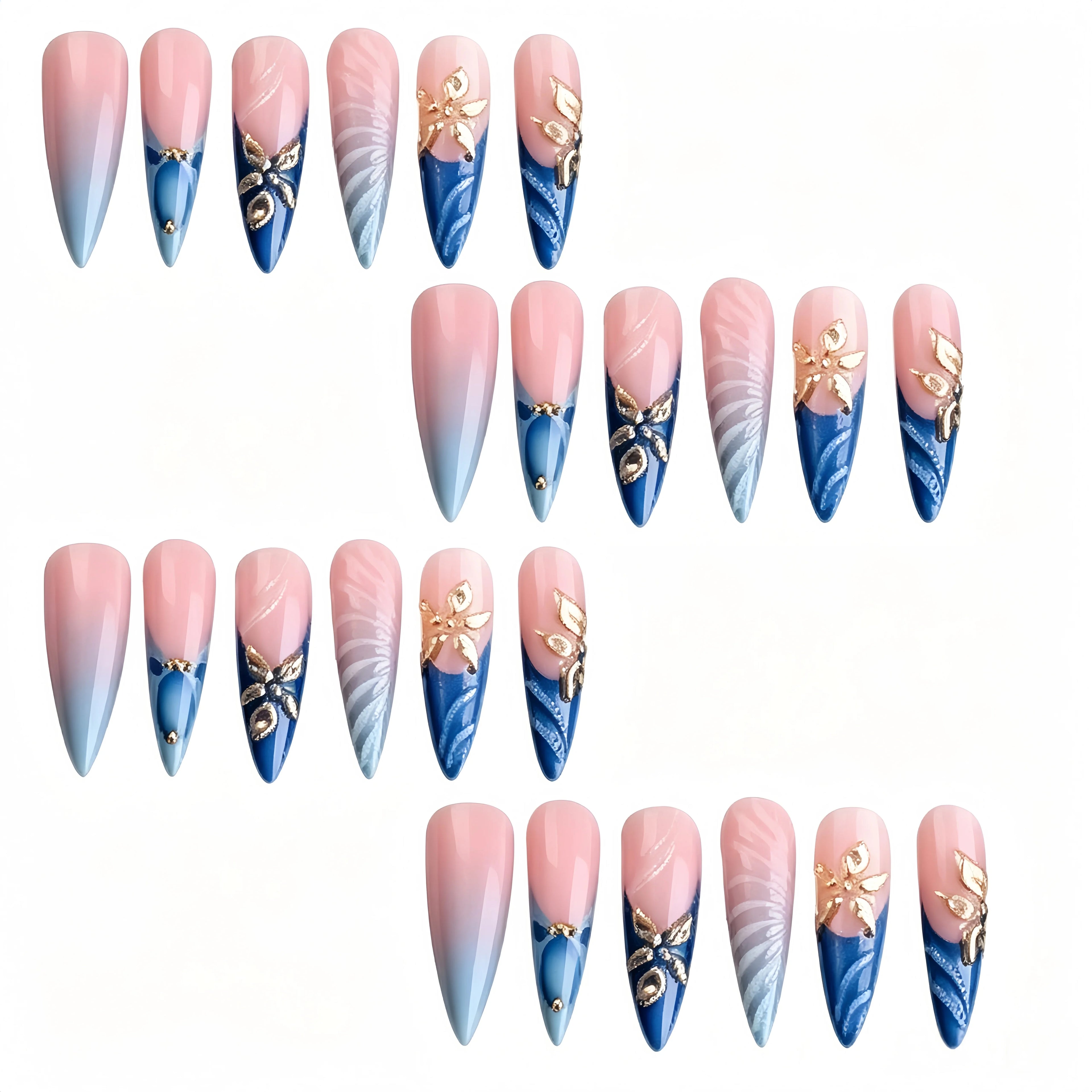Kentrim Blue Pink Ombre 3D Gold Flower Rhinestone Long Stiletto Press On Nails - 24 Pieces, 12 Sizes