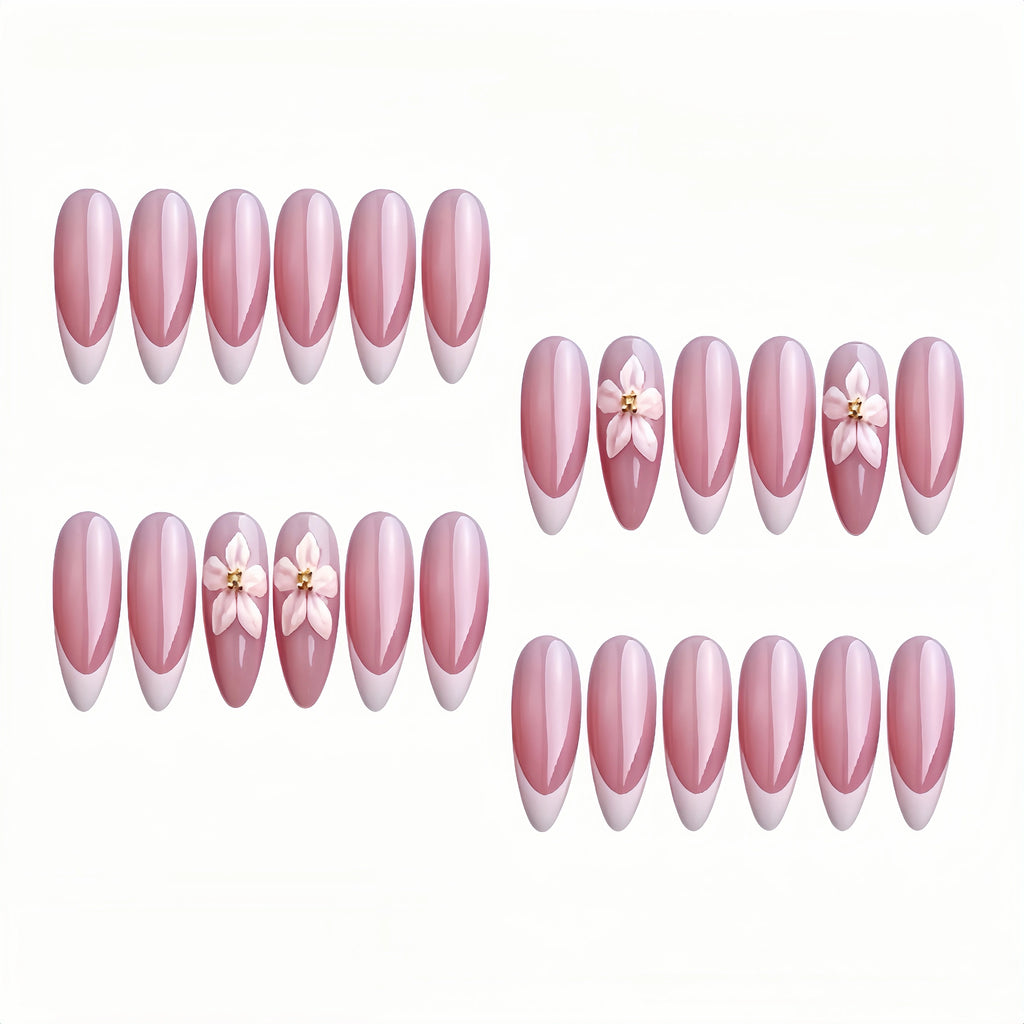 Kentrim Sweet Pink French Tip 3D Flower Medium Almond Press On Nails - 24 Pieces, 12 Sizes
