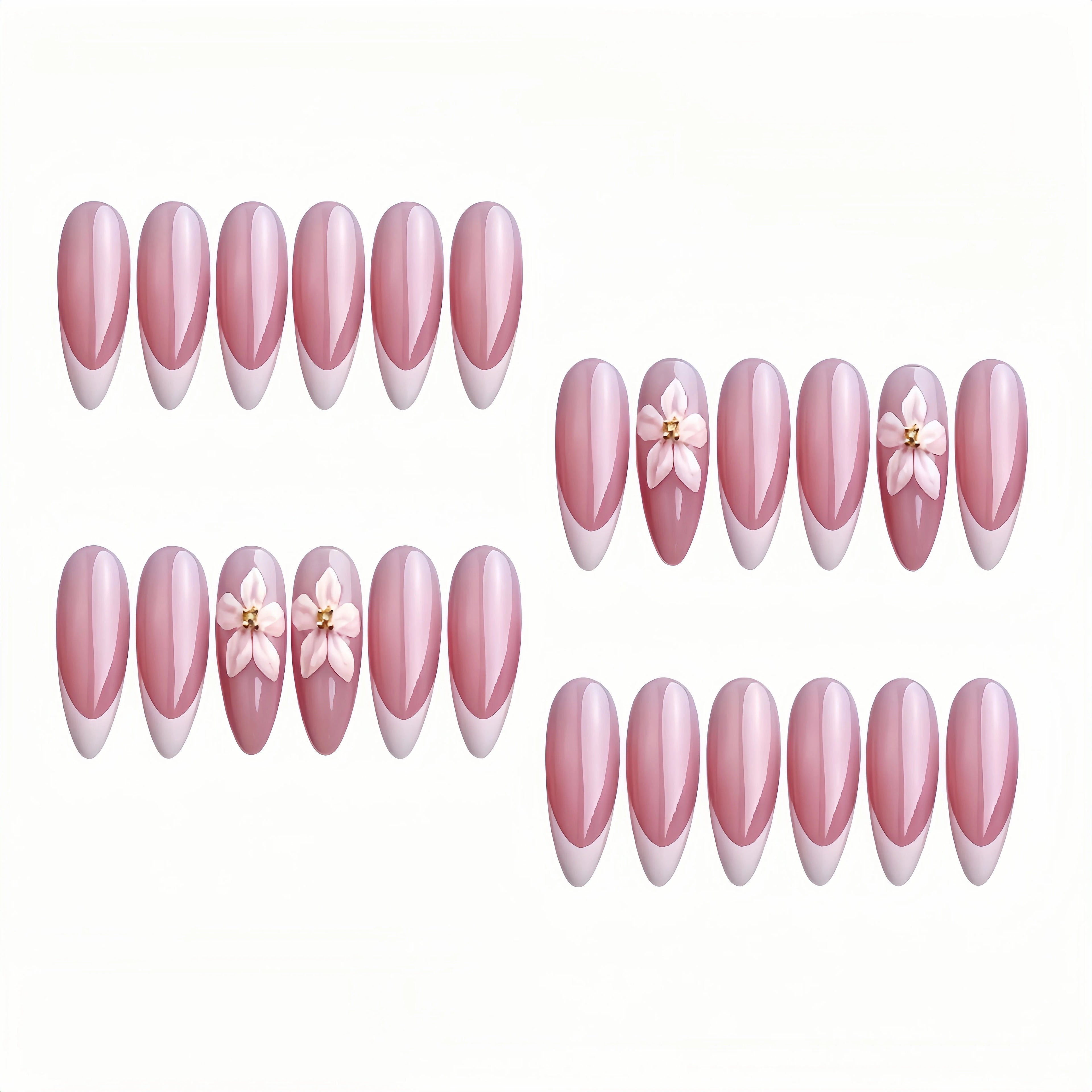 Kentrim Sweet Pink French Tip 3D Flower Medium Almond Press On Nails - 24 Pieces, 12 Sizes