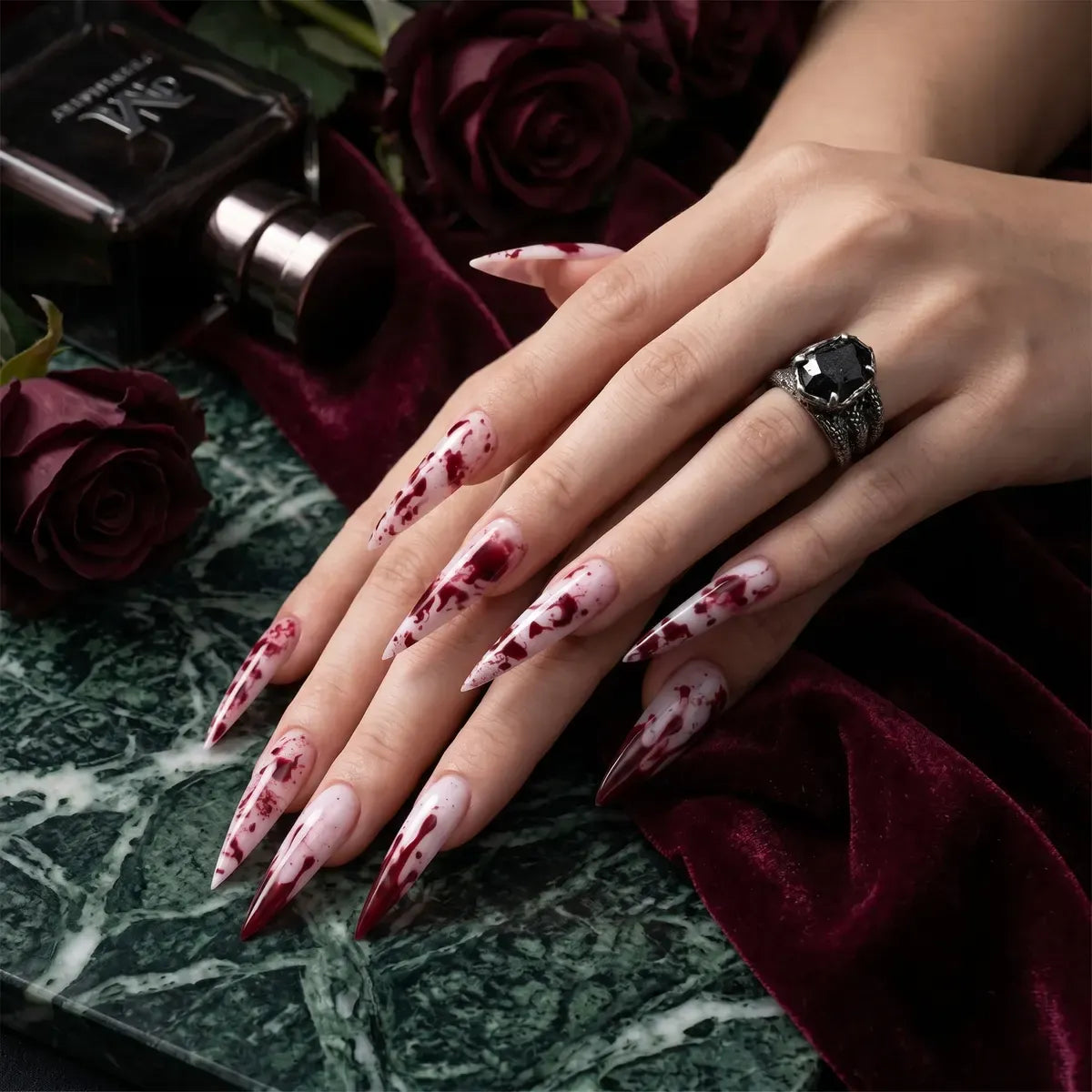 Kentrim Jelly Glue Red Kentrim Halloween Blood Splatter Long Stiletto Press On Nails - 24 Pieces (12 Sizes)