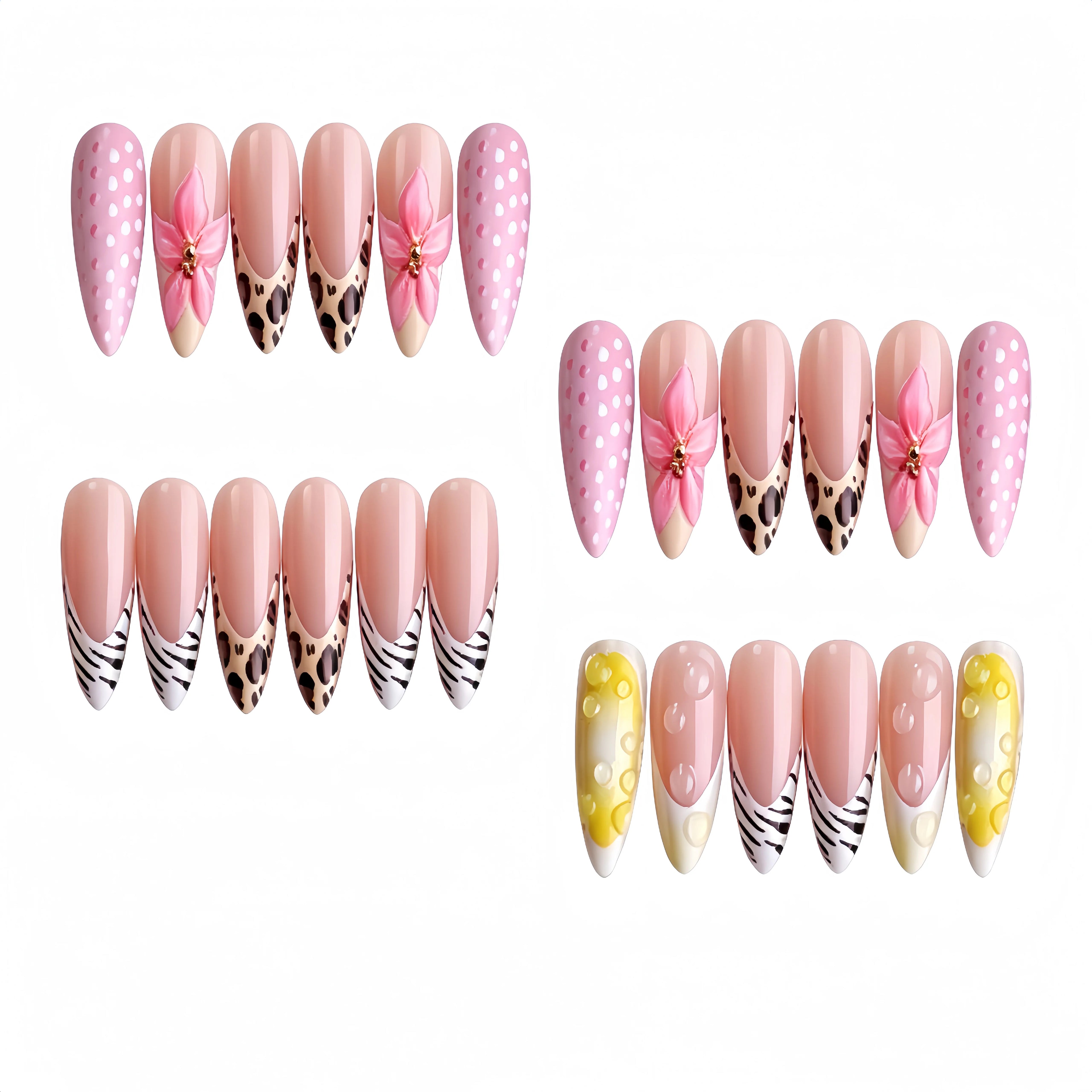 Kentrim Pink Leopard Print 3D Flower Medium Almond Press On Nails - 24 Pieces, 12 Sizes