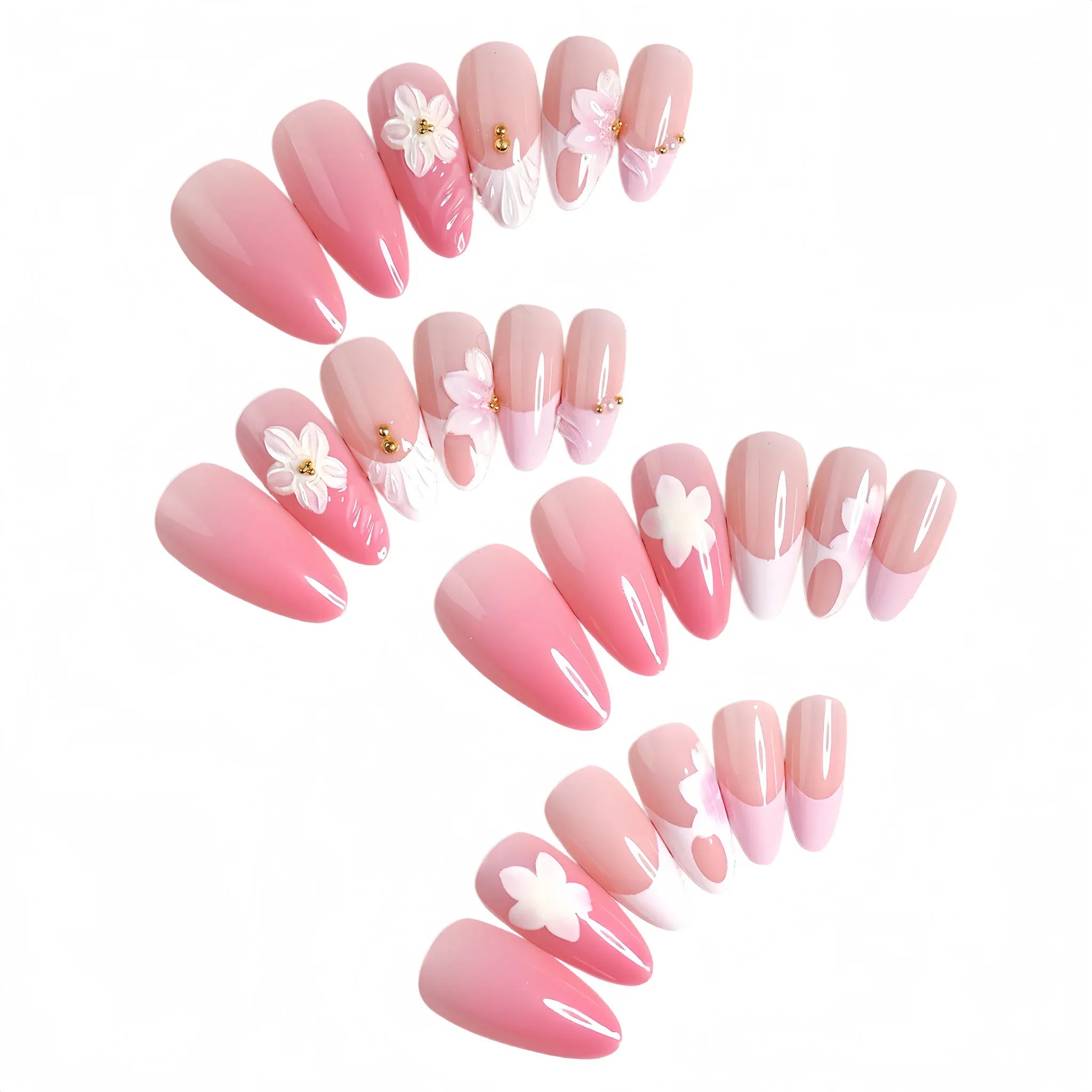 Kentrim pink floral almond press-on nails with 24 pieces in 12 sizes, featuring a delicate floral design and almond shape. Main image