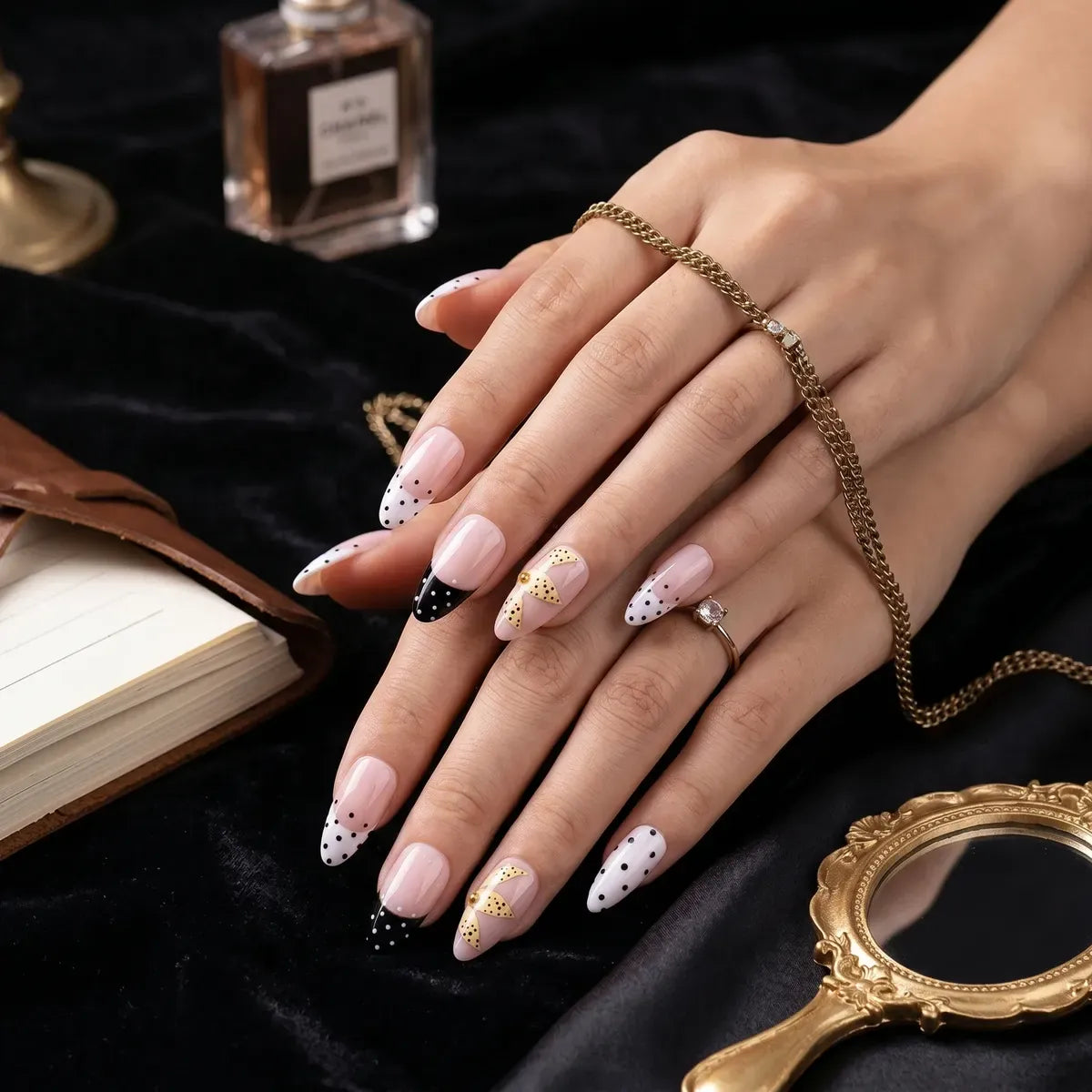 Kentrim Jelly Glue Pink Kentrim Nude Pink French Press On Nails with Polka Dot & Flower Details- 24 Pieces (12 Sizes)