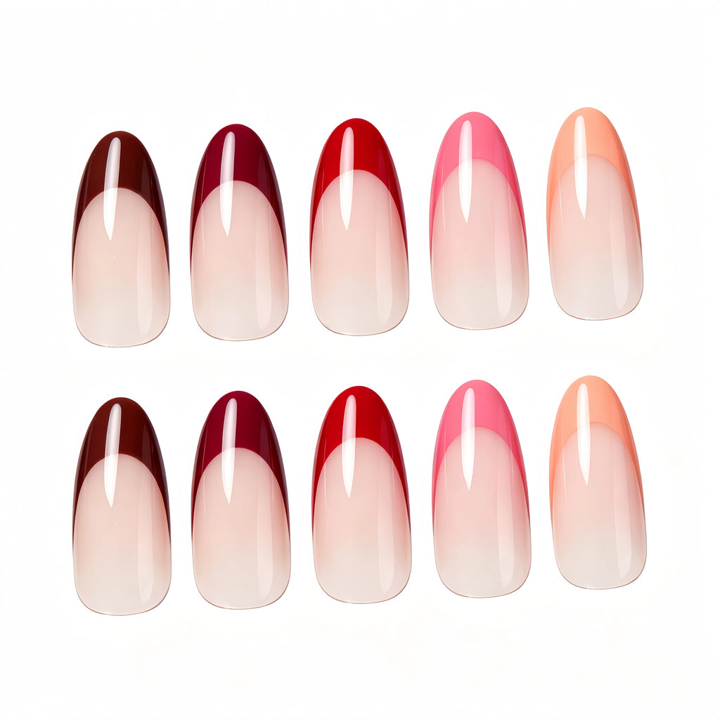 Kentrim Red French Tip Medium Almond Press On Nails - 24 Pieces, 12 Sizes