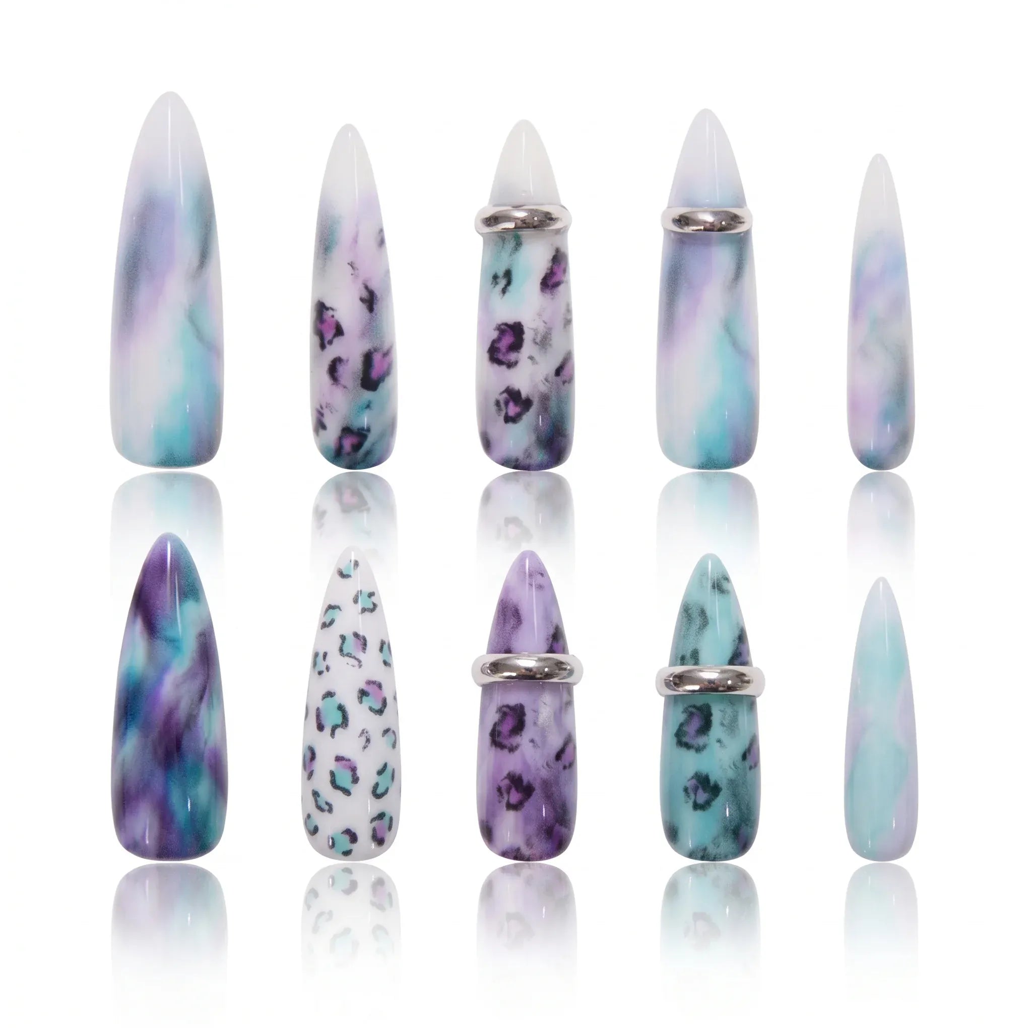 Kentrim Jelly Glue Purple Kentrim Tie-Dye Leopard Print Press On Nails with Silver Rings - 30 Pieces (15 Sizes)