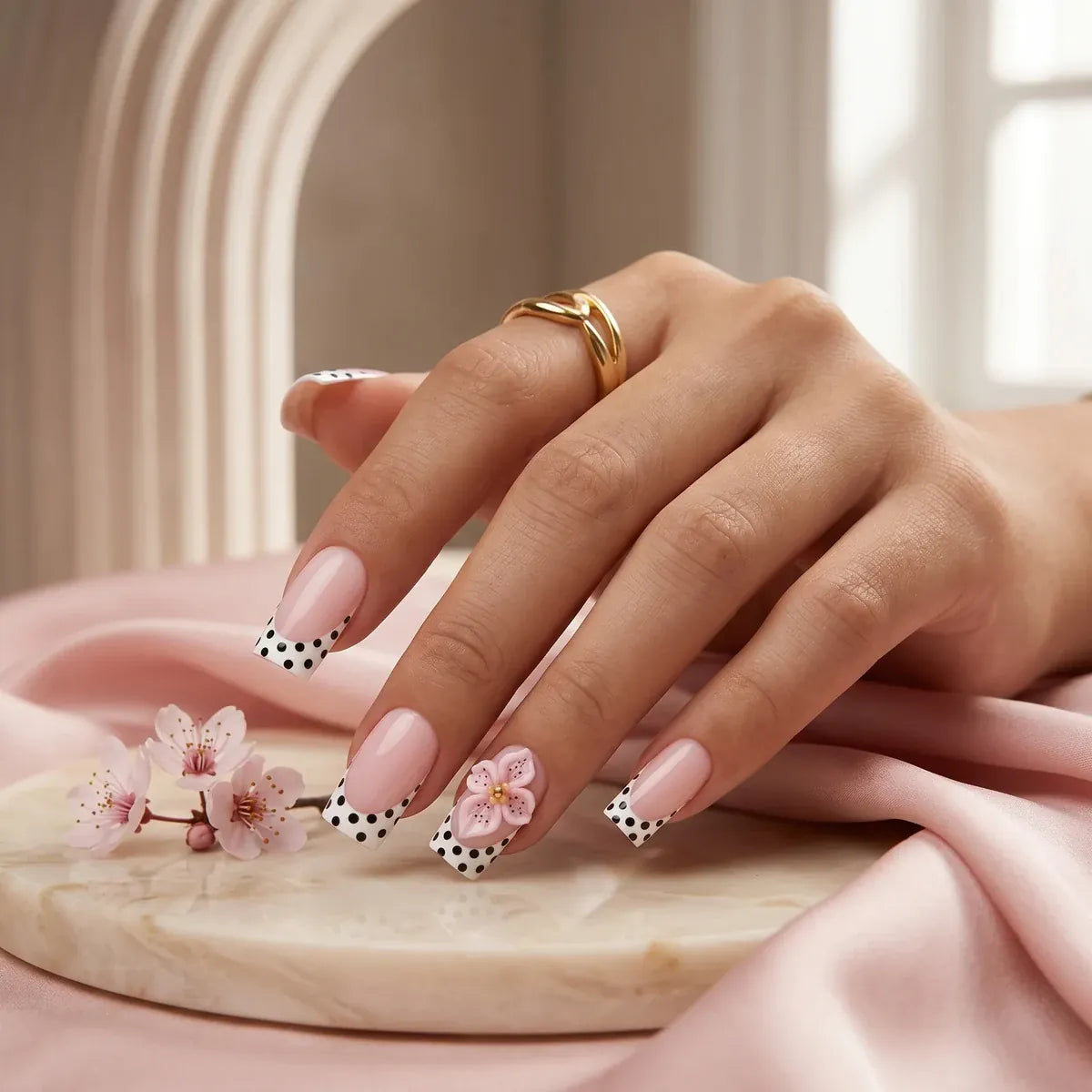 Kentrim Jelly Glue Dark black Kentrim Nude with Black Polka Dot French Tips & 3D Flower Press On Nails - 24 Pieces (12 Sizes)
