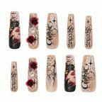 Kentrim Jelly Glue Red Kentrim Gothic Rose & Letter Print Press On Nails - 30 Pieces (15 Sizes)