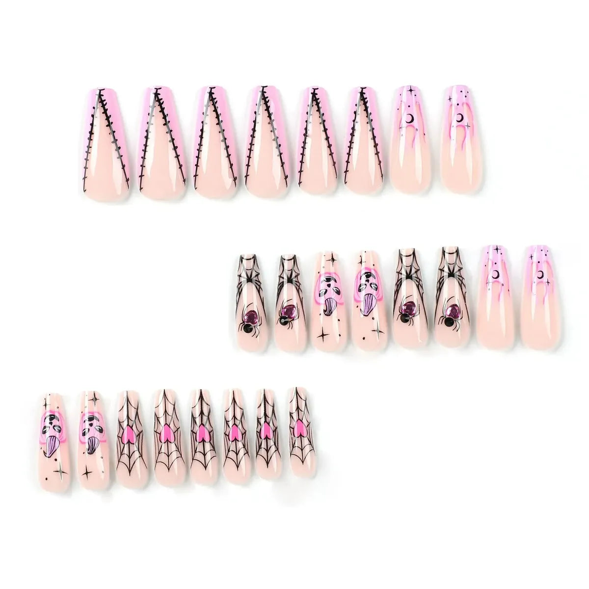 Kentrim Jelly Glue Pink Kentrim Pink Spider Pumpkin Long Coffin Halloween Press On Nails - 24 Pieces (12 Sizes)