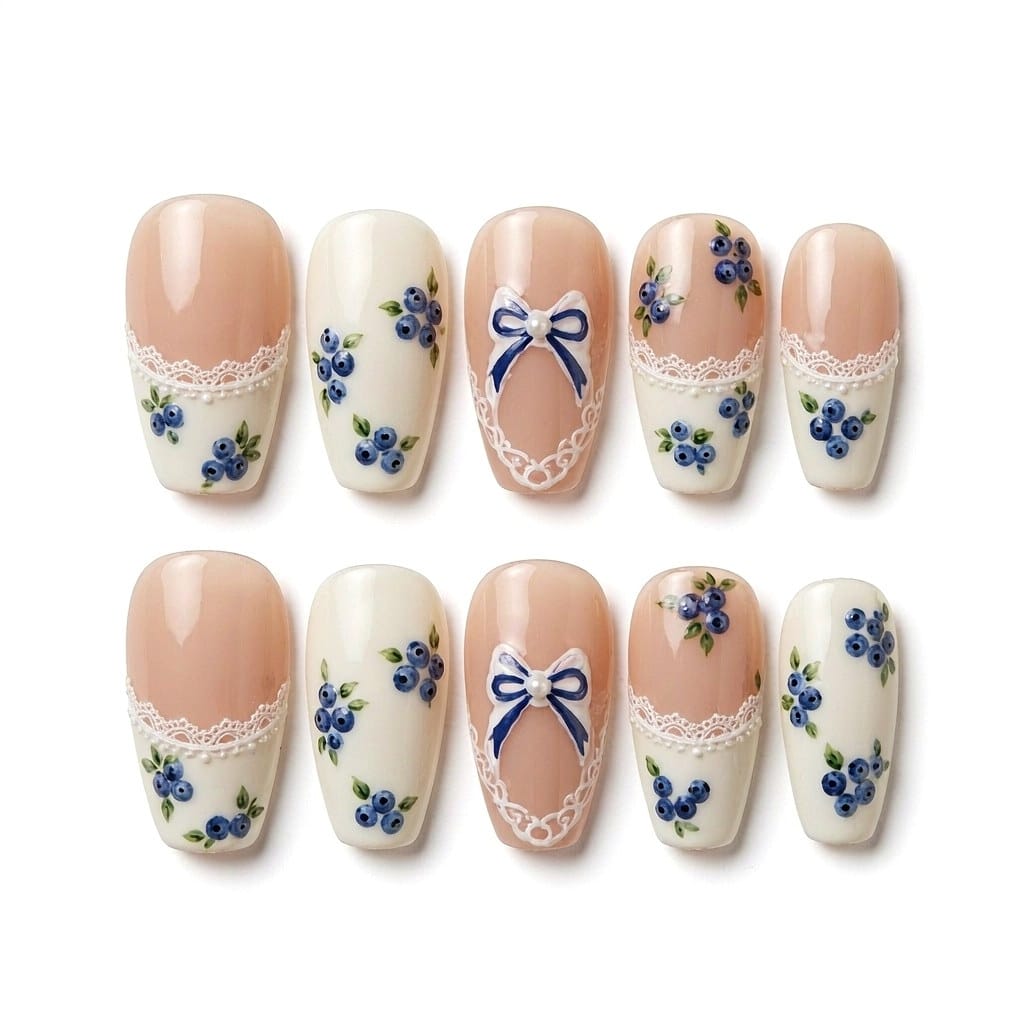 Blueberry Ribbon Press On Nails White Background Main image
