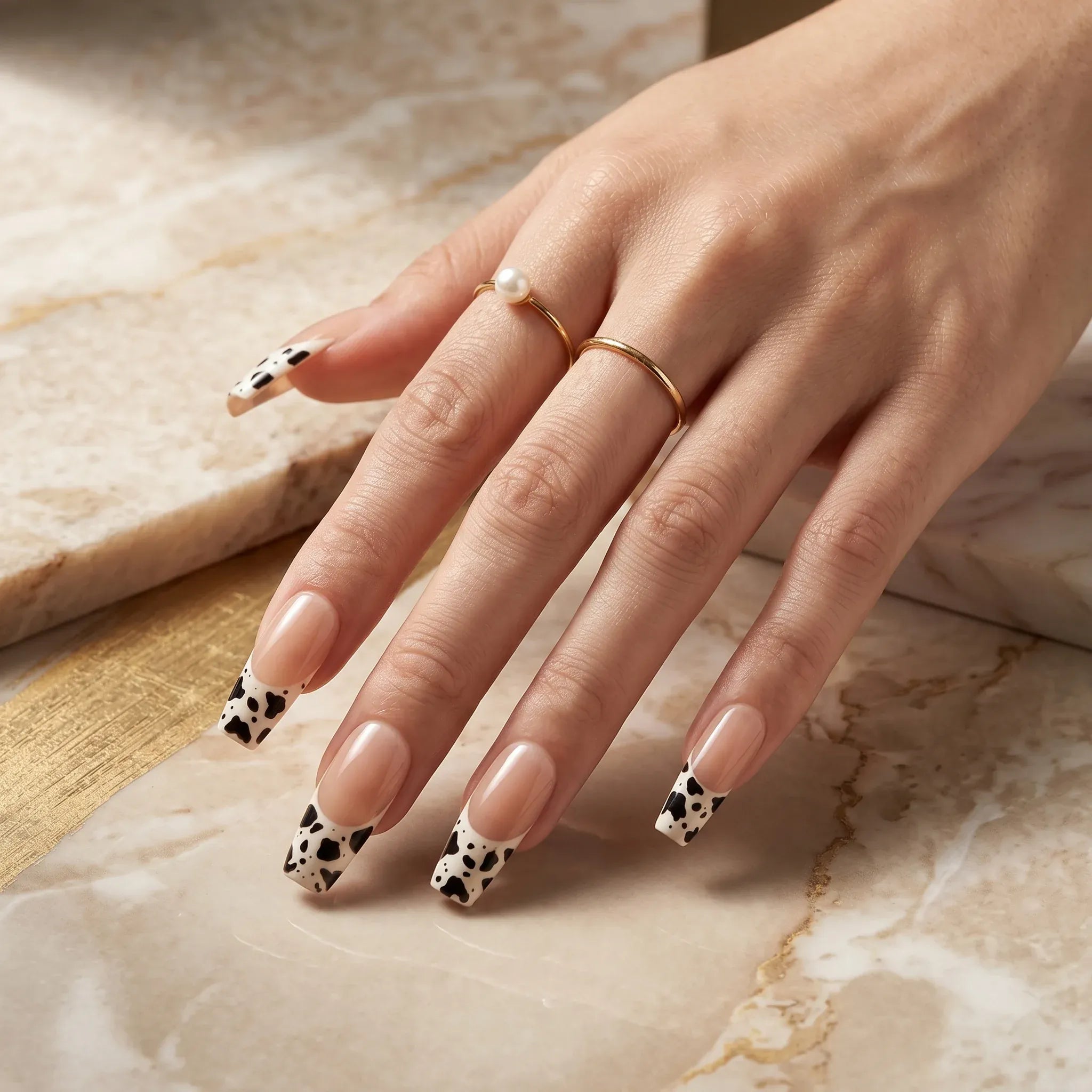 Kentrim Jelly Glue White Kentrim Cow Print French Tip Press On Nails - 30 Pieces (15 Sizes)