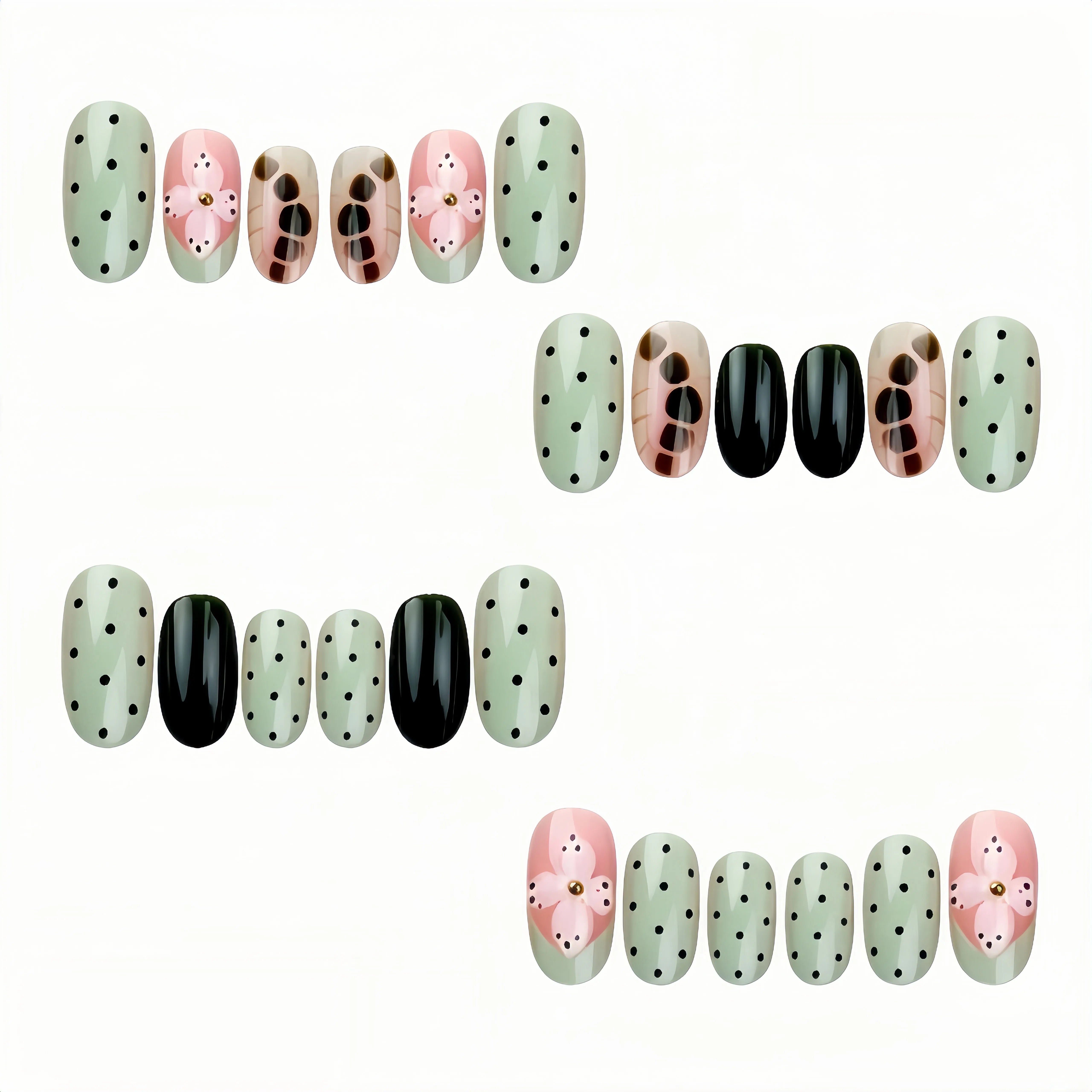 Kentrim Fresh Green Floral Medium Oval Press On Nails - 24 Pieces, 12 Sizes Main image