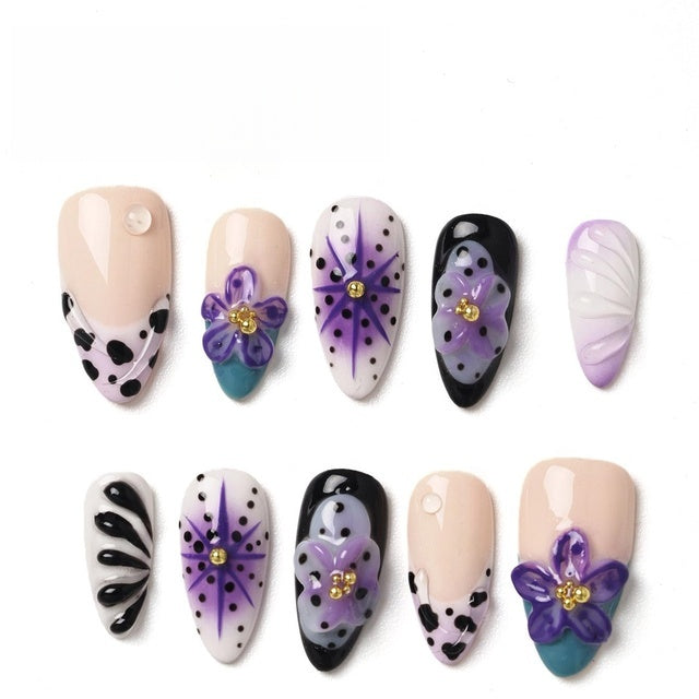 Kentrim Purple Floral Cow Print Press On Nails- 10 Pieces (Single Size) Main image