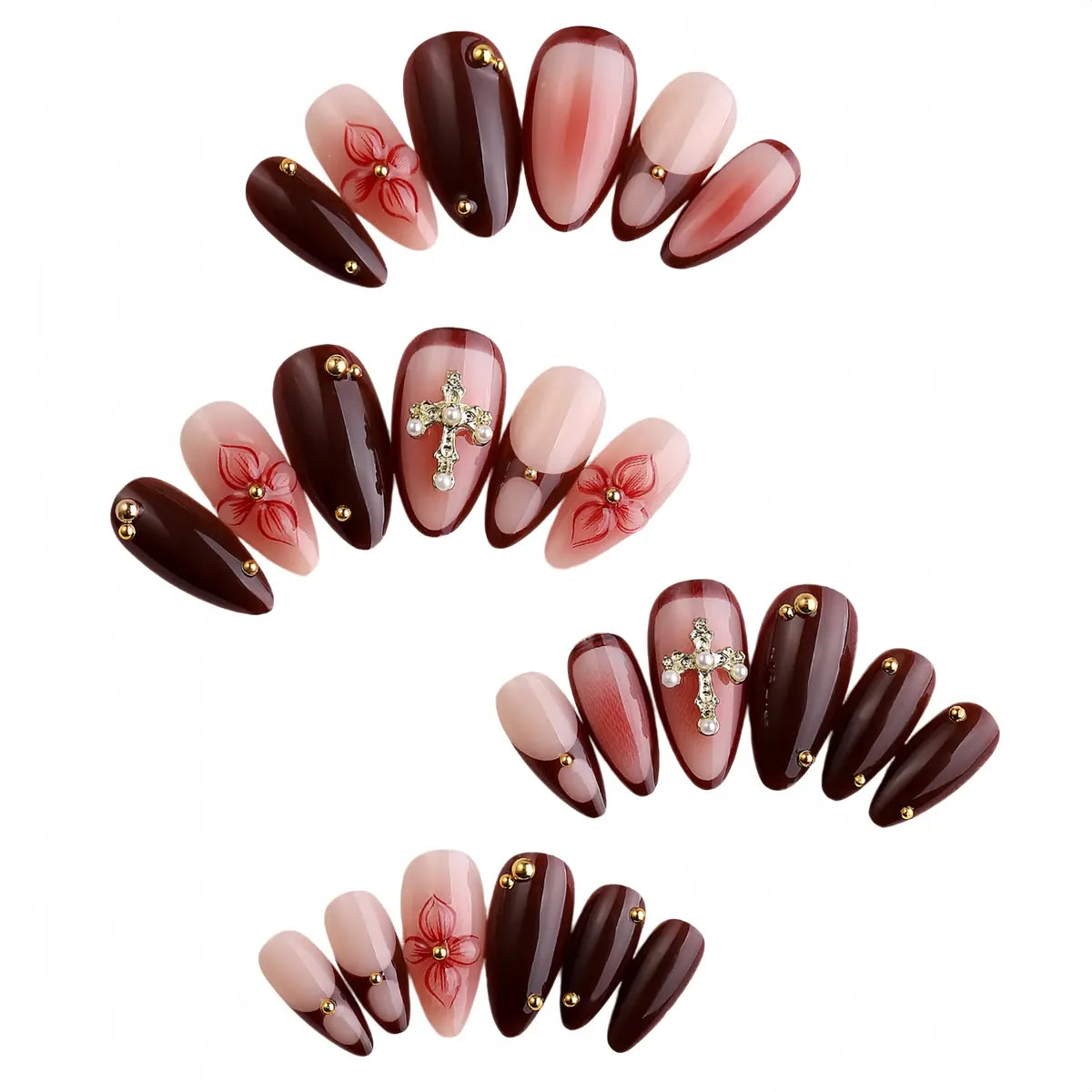 Kentrim red floral cross design press-on nails, 24-piece set with 12 sizes, display of stylish artificial nail tips. Main image
