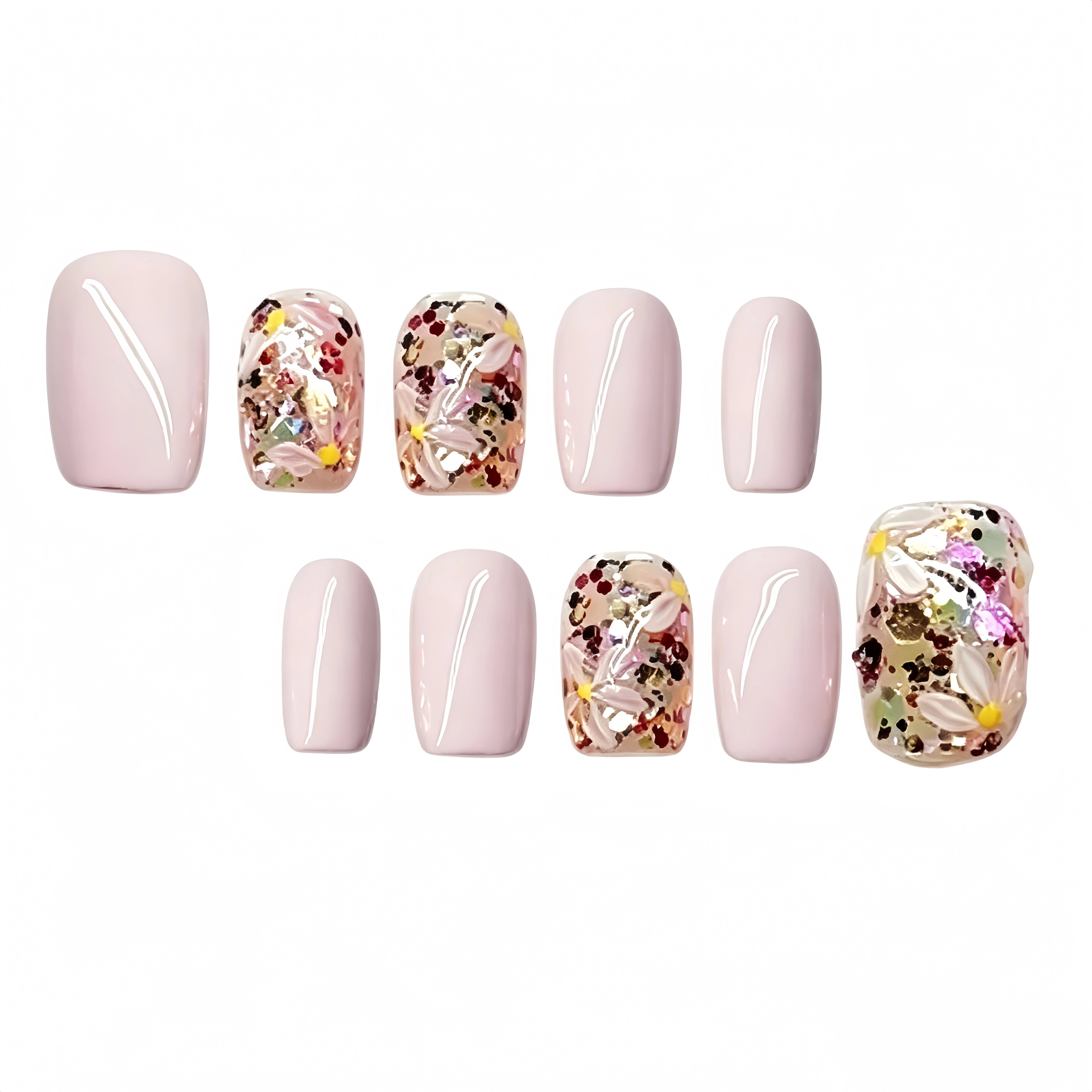 Kentrim Pink Glitter Floral Short Square Press On Nails - 10 Pieces (Single Size) Main image