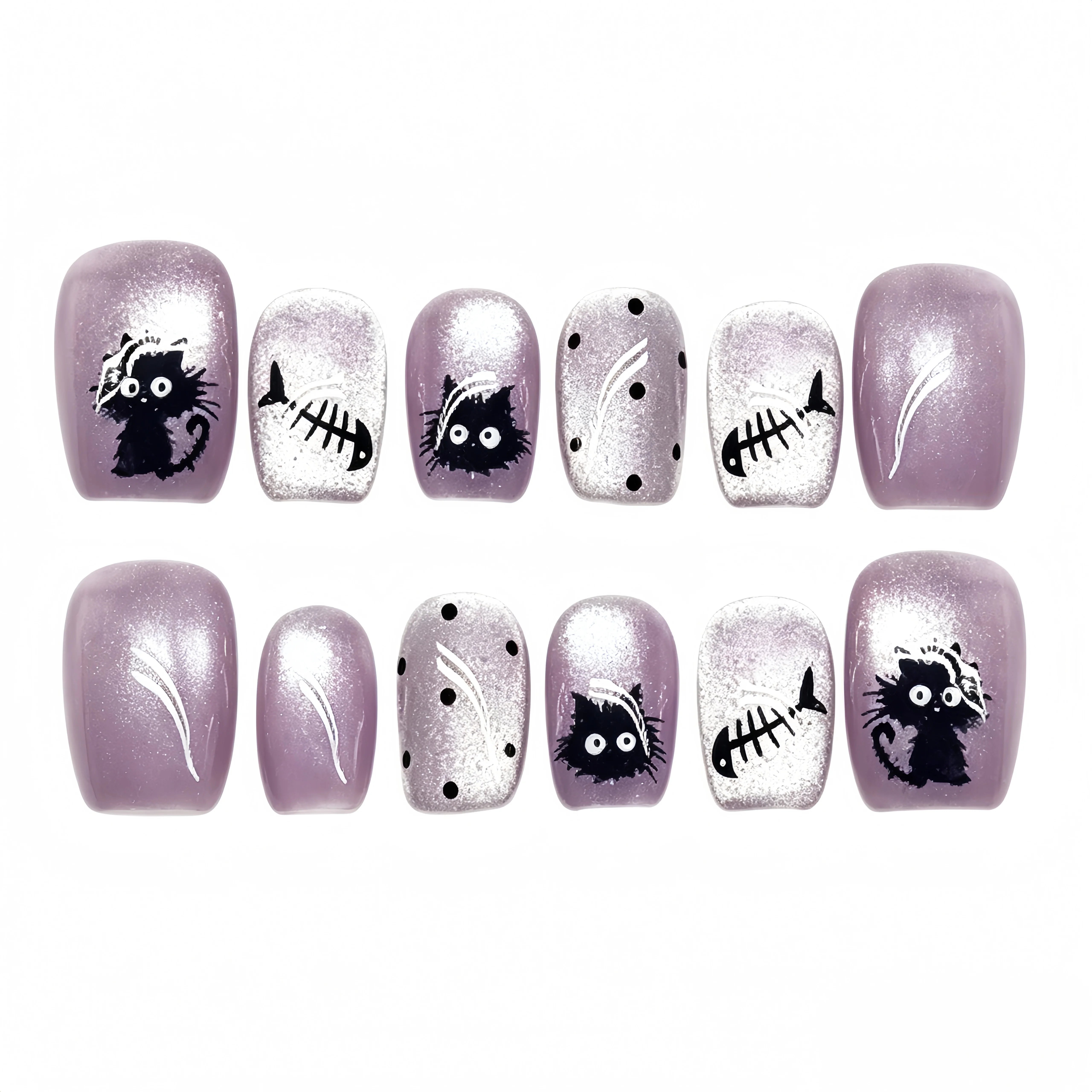 Kentrim Purple Cat Eye Black Cat Fishbone Short Square Press On Nails - 10 Pieces (Single Size) Main image