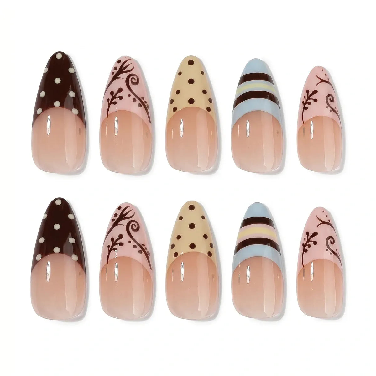 Kentrim Jelly Glue Yellow Kentrim Coffee Polka Dot Strip Almond Press On Nails - 24 Pieces (12 Sizes)