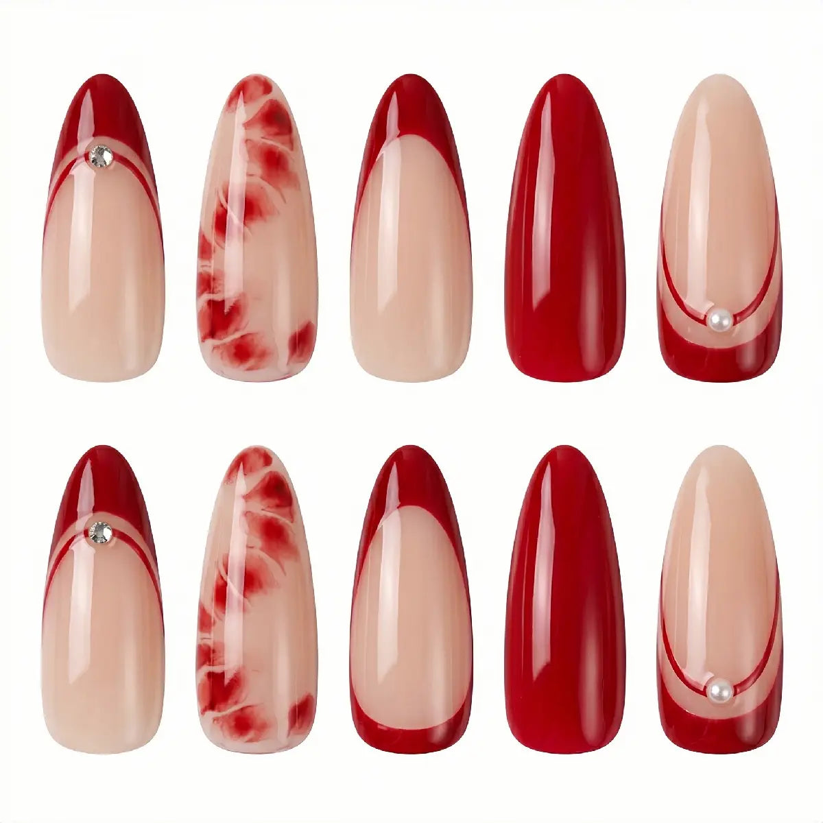 Kentrim Vintage Red French & Marble Press On Nails - 30 Pieces (15 Sizes) Secondary image