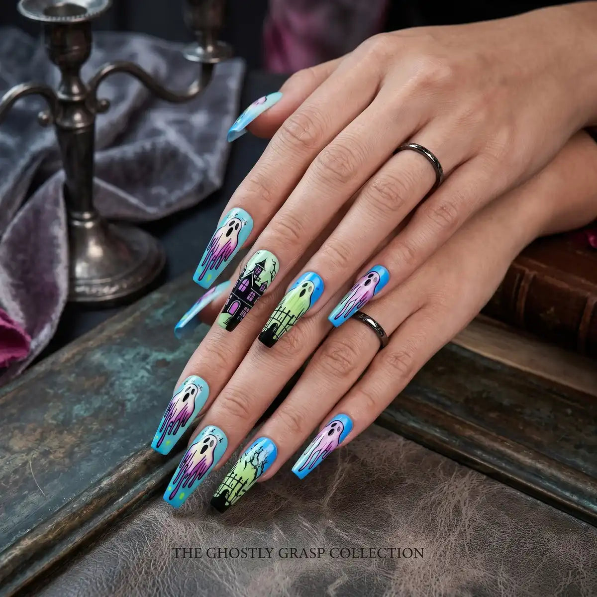 Kentrim Jelly Glue Green Kentrim Pastel Ghost Haunted House Long Coffin Press On Nails - 24 Pieces (12 Sizes)