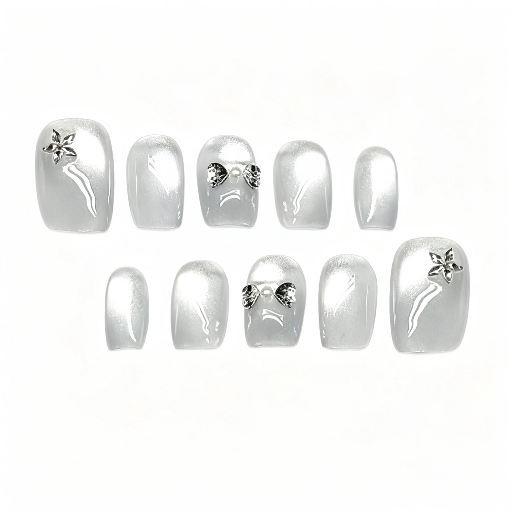 Kentrim Silver Cat Eye Rhinestone Bow Short Square Press On Nails - 10 Pieces Single Size