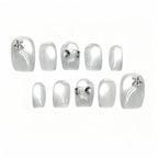 Kentrim Silver Cat Eye Rhinestone Bow Short Square Press On Nails - 10 Pieces Single Size