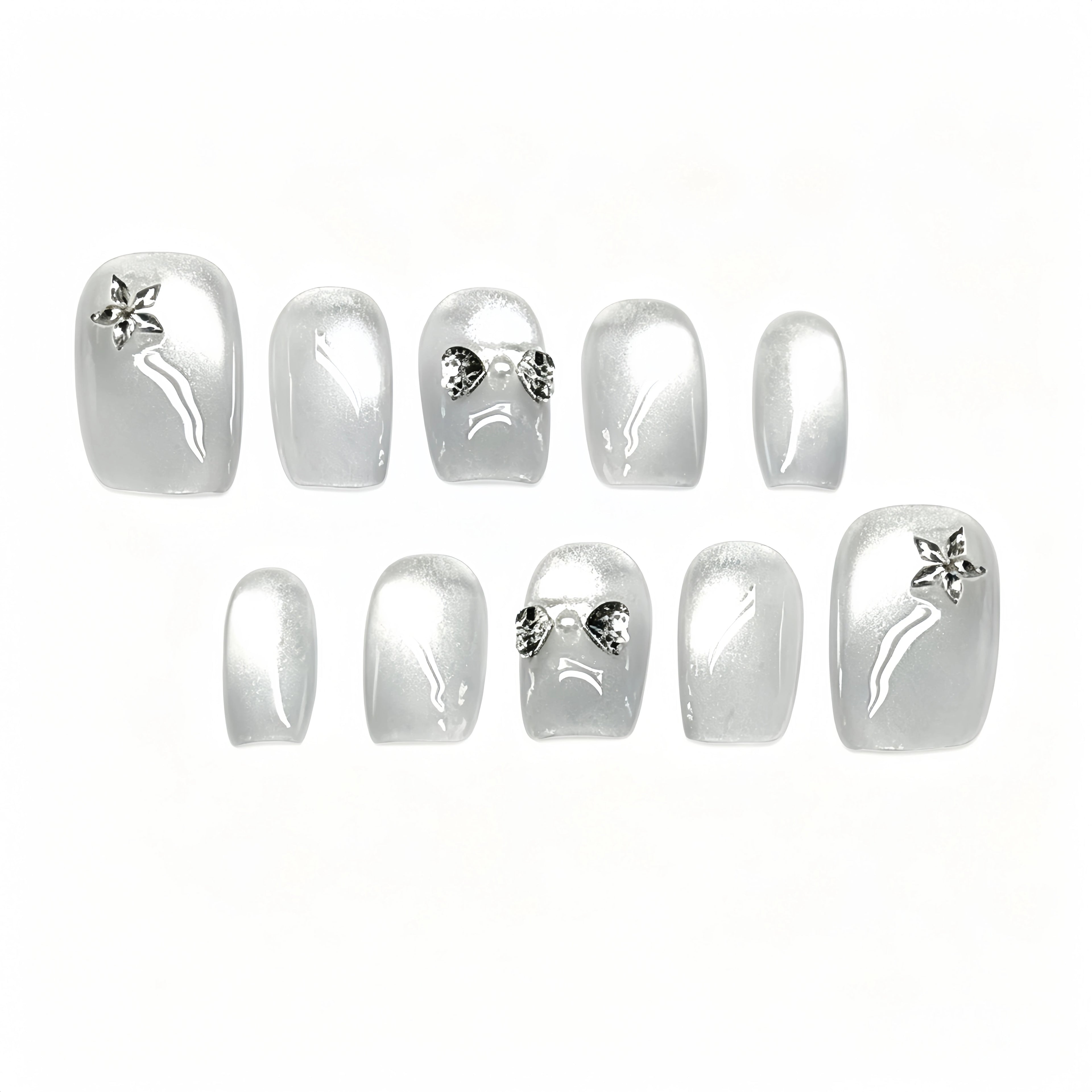 Kentrim Silver Cat Eye Rhinestone Bow Short Square Press On Nails - 10 Pieces Single Size