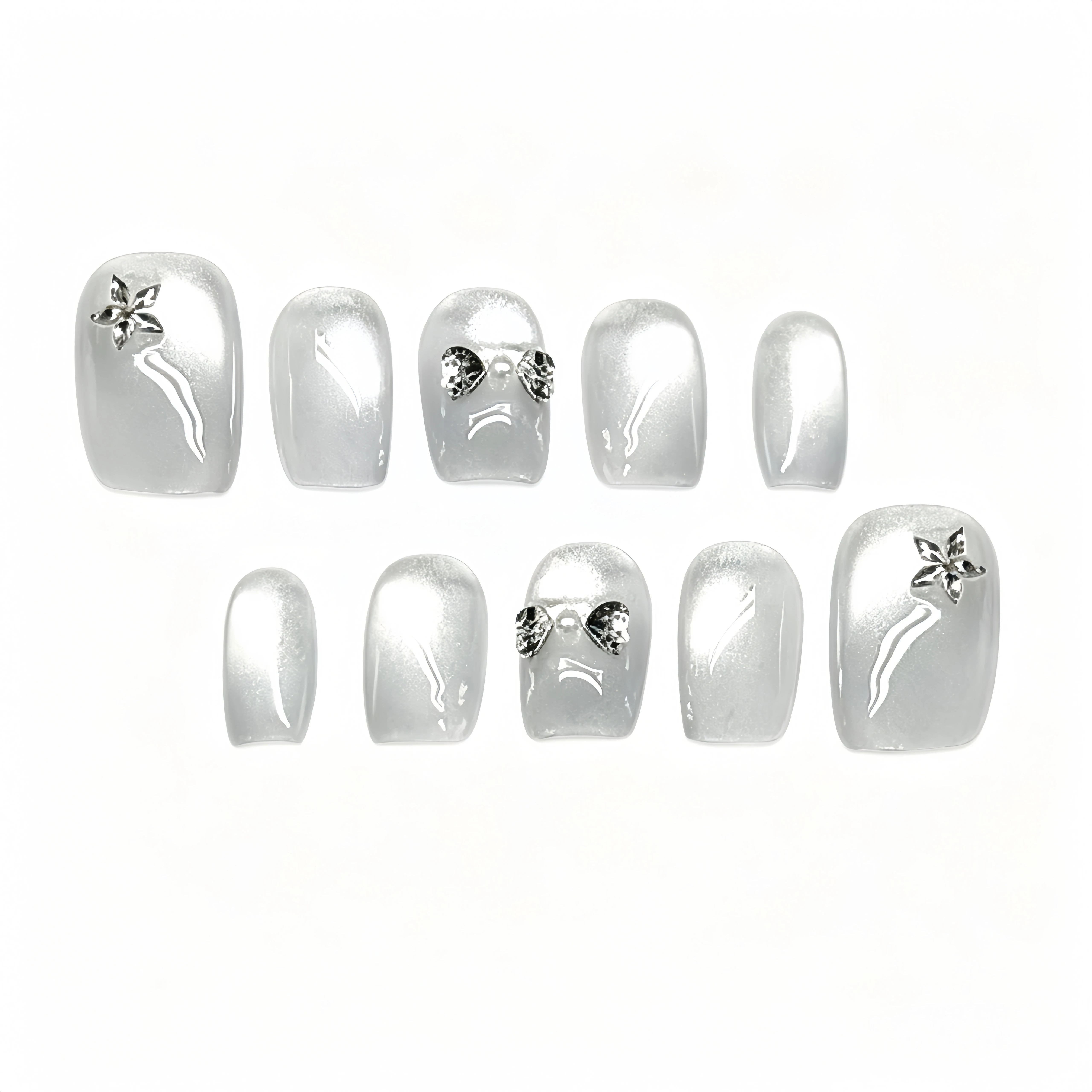 Kentrim Silver Cat Eye Rhinestone Bow Short Square Press On Nails - 10 Pieces Single Size Main image