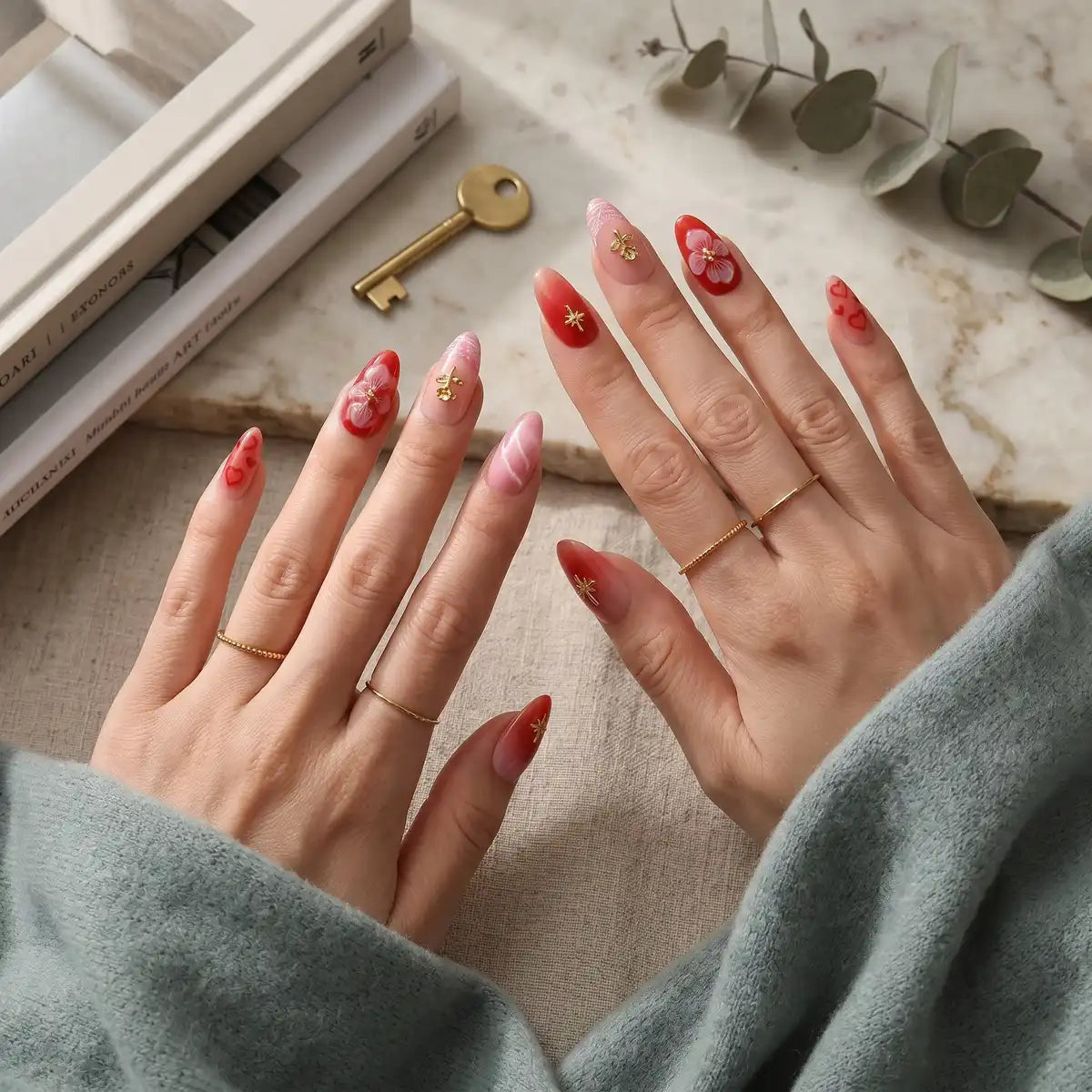 Kentrim Jelly Glue Red Kentrim Red Ombre Floral Almond Press On Nails - 24 Pieces (12 Sizes)