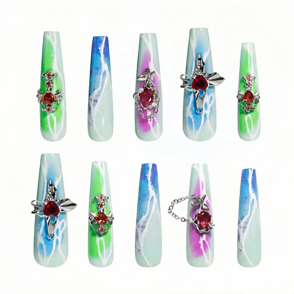 Kentrim Neon Lightning Red Gem Press On Nails - 30 Pieces (15 Sizes) Secondary image