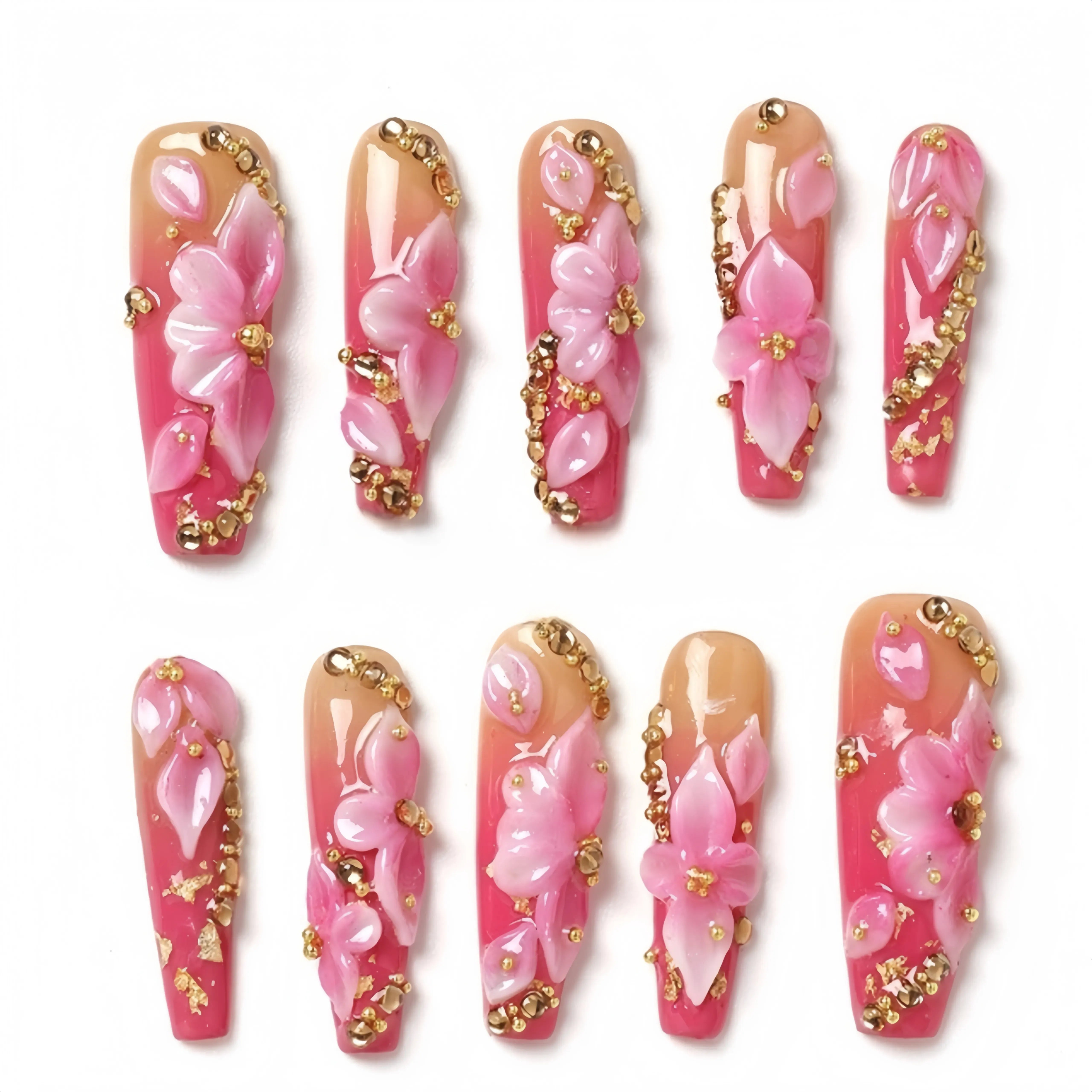 Pink Ombre Press On Nails – 3D Flowers & Gold Accents 10 Pieces (Single Size) Secondary image