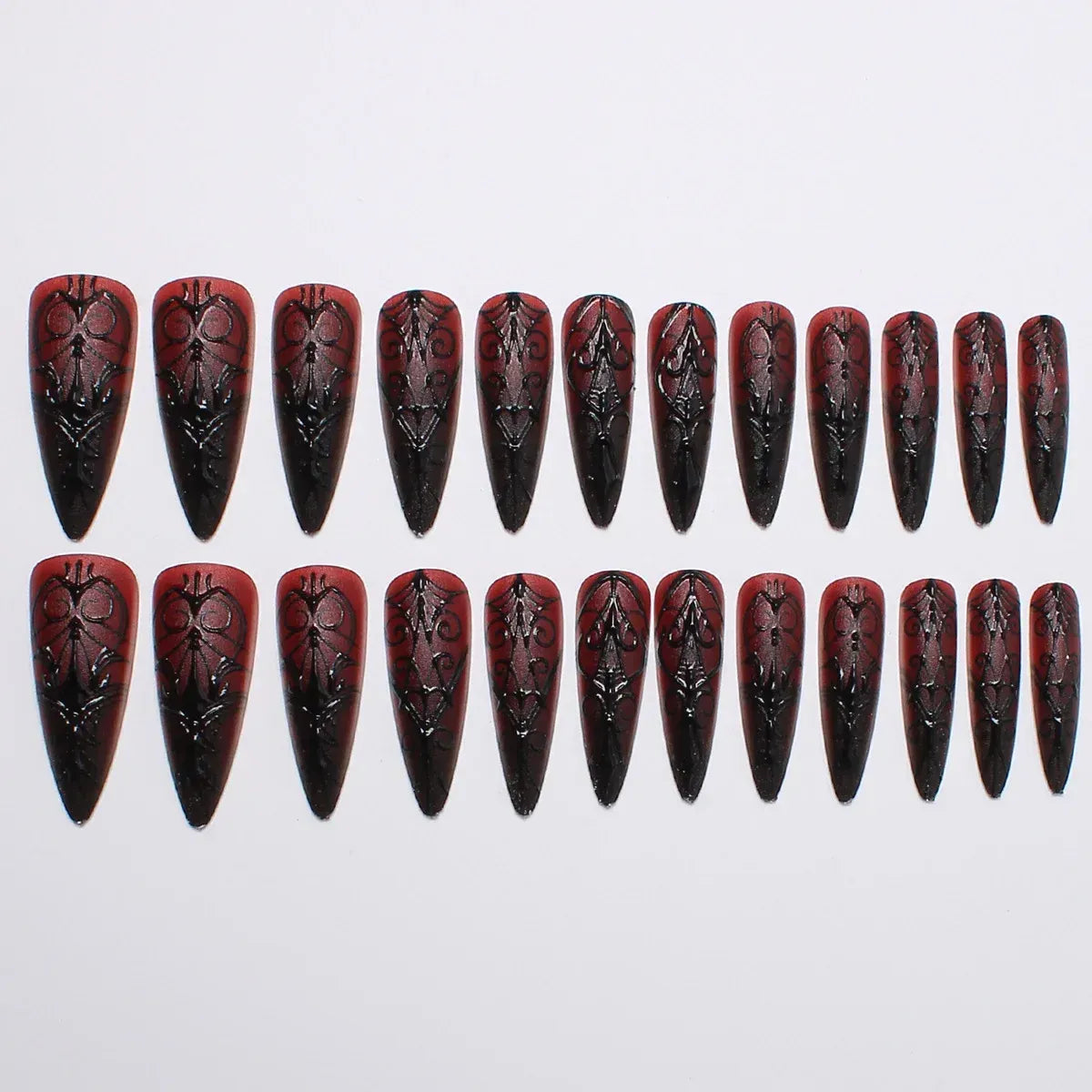 Kentrim Jelly Glue Black Kentrim Gothic Red to Black Gradient Stiletto Press On Nails with Black Carvings - 24 Pieces (12 Sizes)