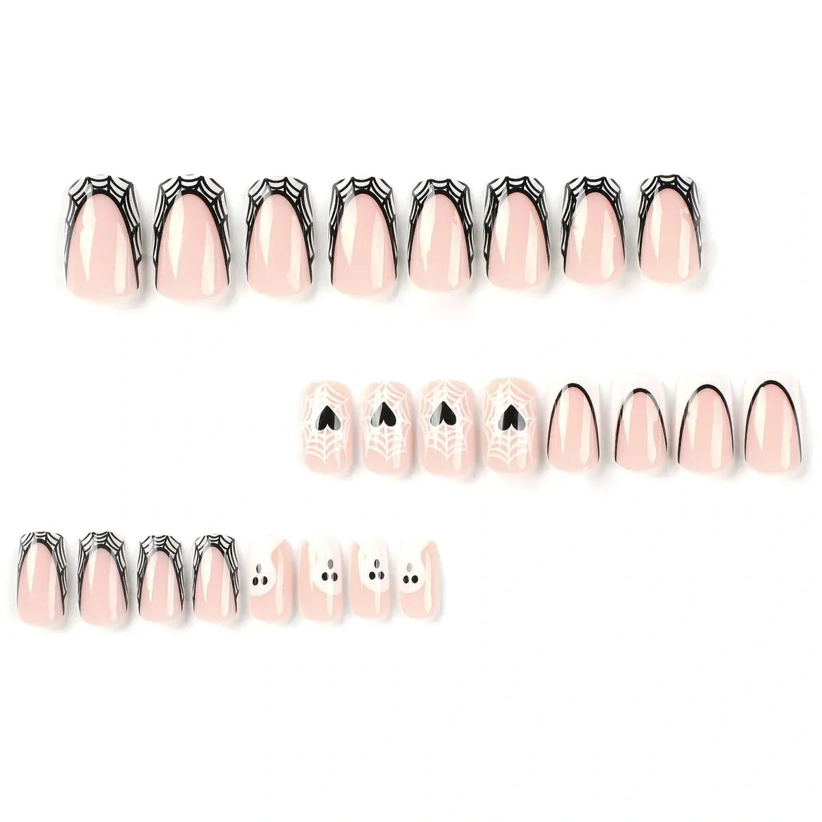 Kentrim Jelly Glue Black Kentrim Ghost Heart Spider Web Coffin Halloween Press On Nails - 24 Pieces (12 Sizes)