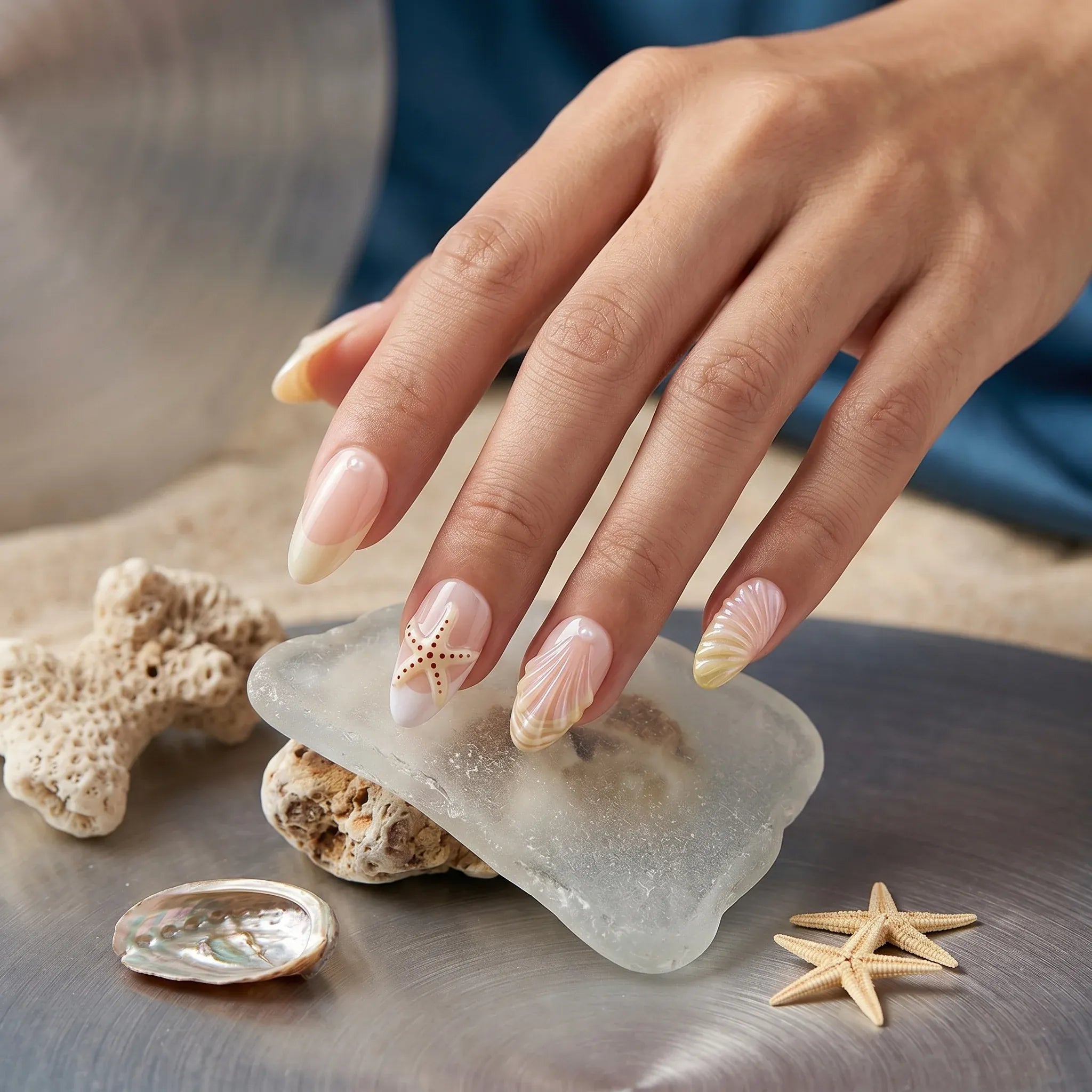 Kentrim Jelly Glue Pink Kentrim Ocean Starfish & Shell French Press On Nails - 24 Pieces (12 Sizes)