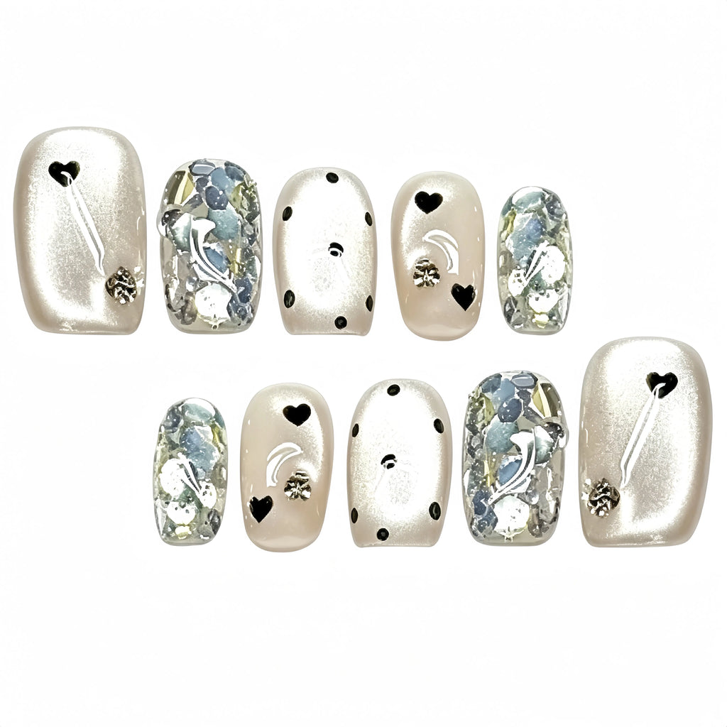 Kentrim Nude White Heart Rhinestone Glitter Short Square Press On Nails - 10 Pieces (Single Size)