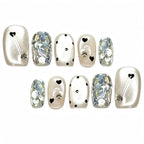 Kentrim Nude White Heart Rhinestone Glitter Short Square Press On Nails - 10 Pieces (Single Size)