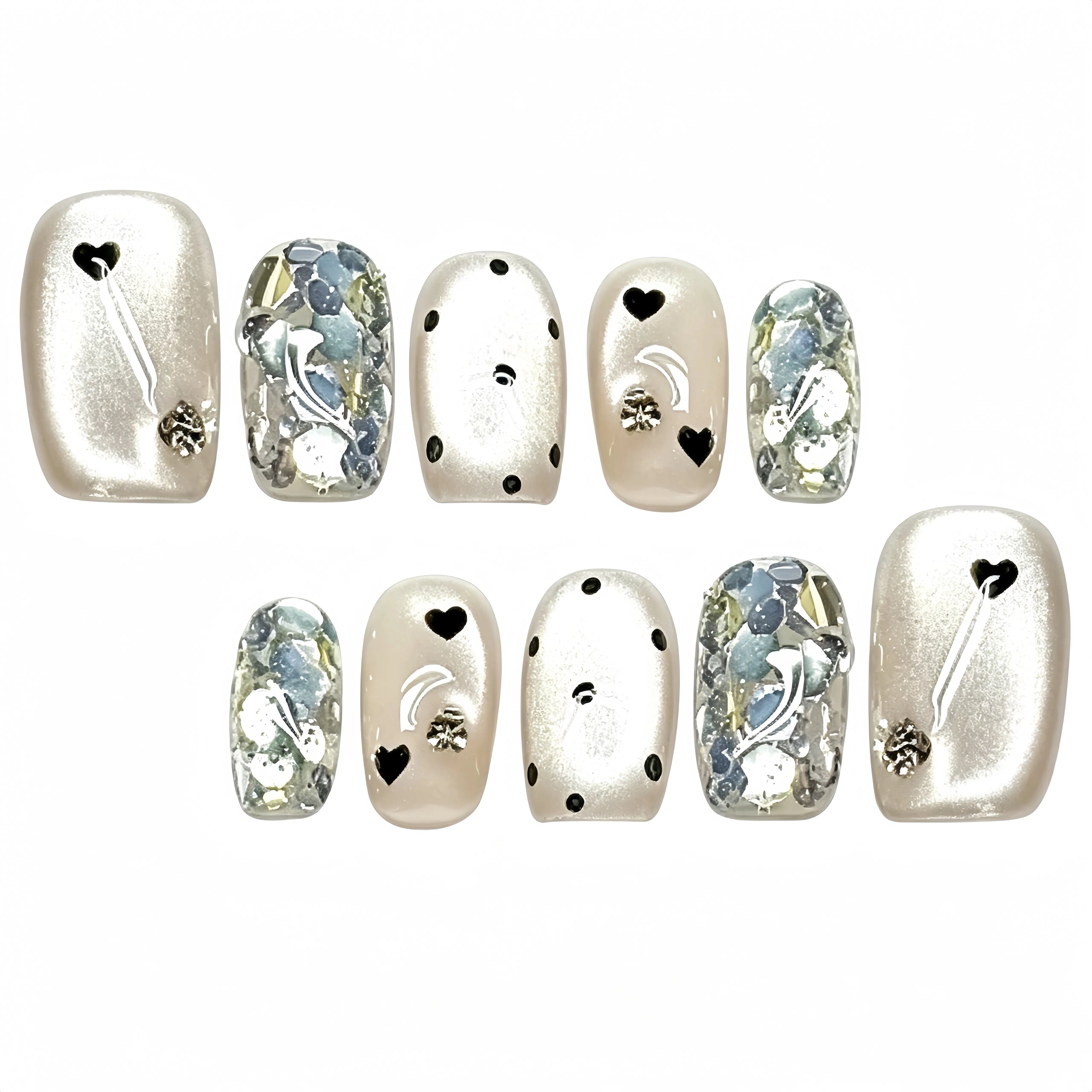 Kentrim Nude White Heart Rhinestone Glitter Short Square Press On Nails - 10 Pieces (Single Size)