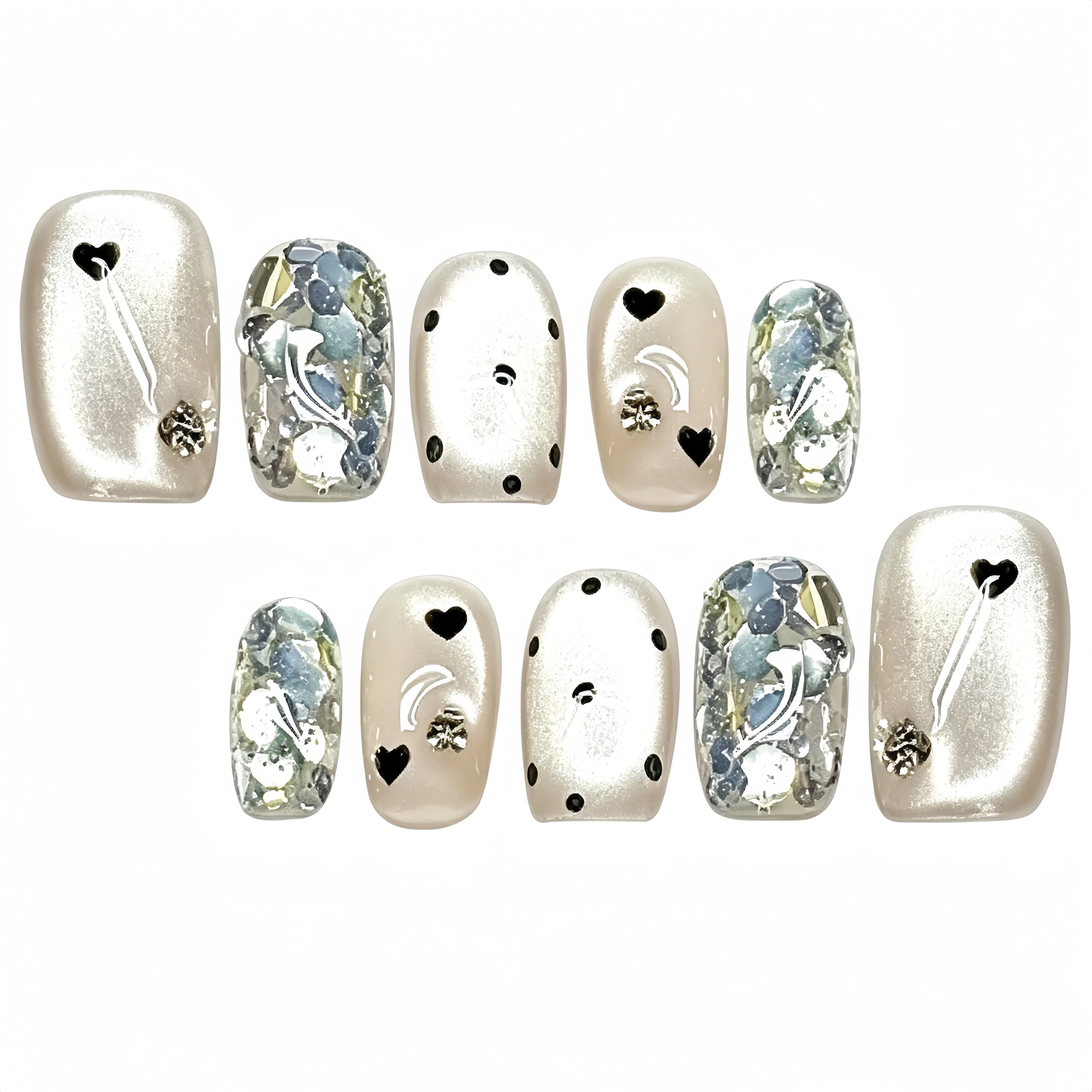 Kentrim Nude White Heart Rhinestone Glitter Short Square Press On Nails - 10 Pieces (Single Size) Main image