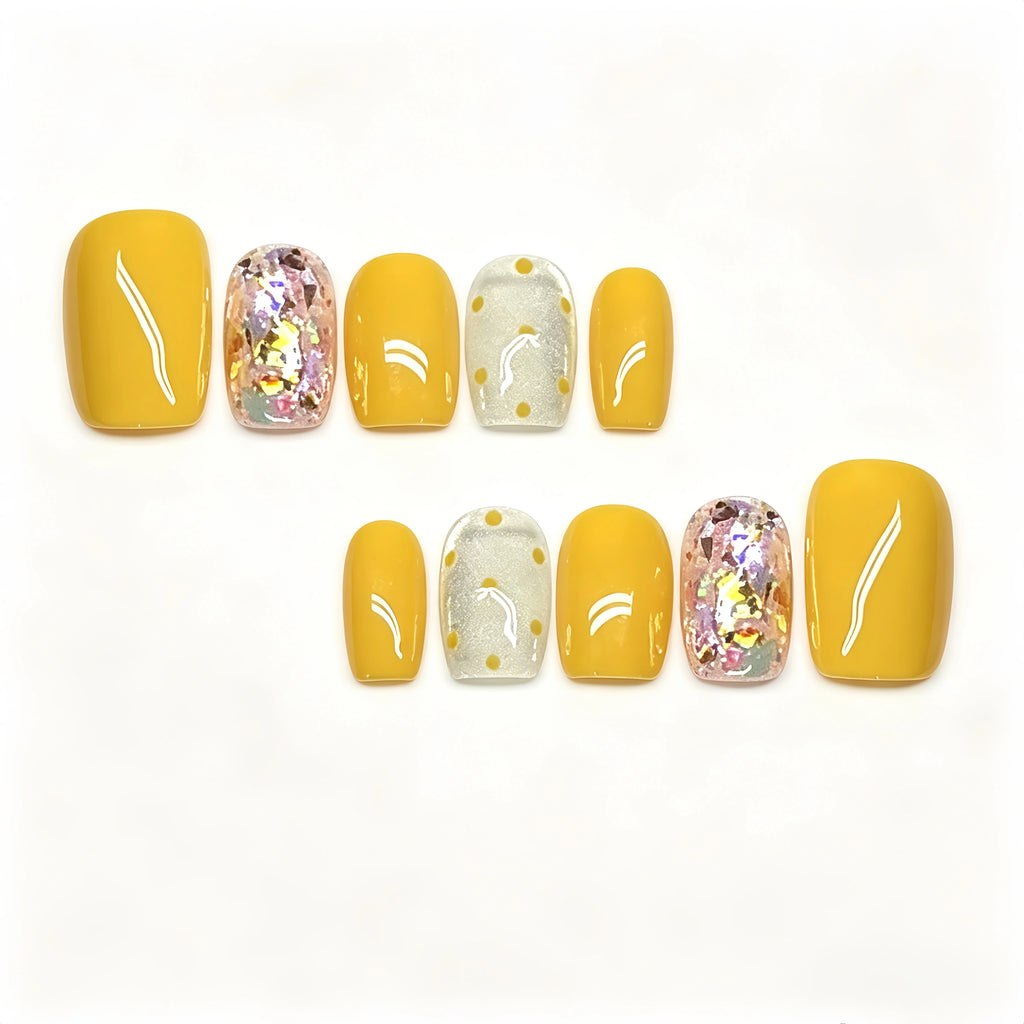 Kentrim Yellow Glitter Polka Dot Short Square Press On Nails - 10 Pieces (Single Size)