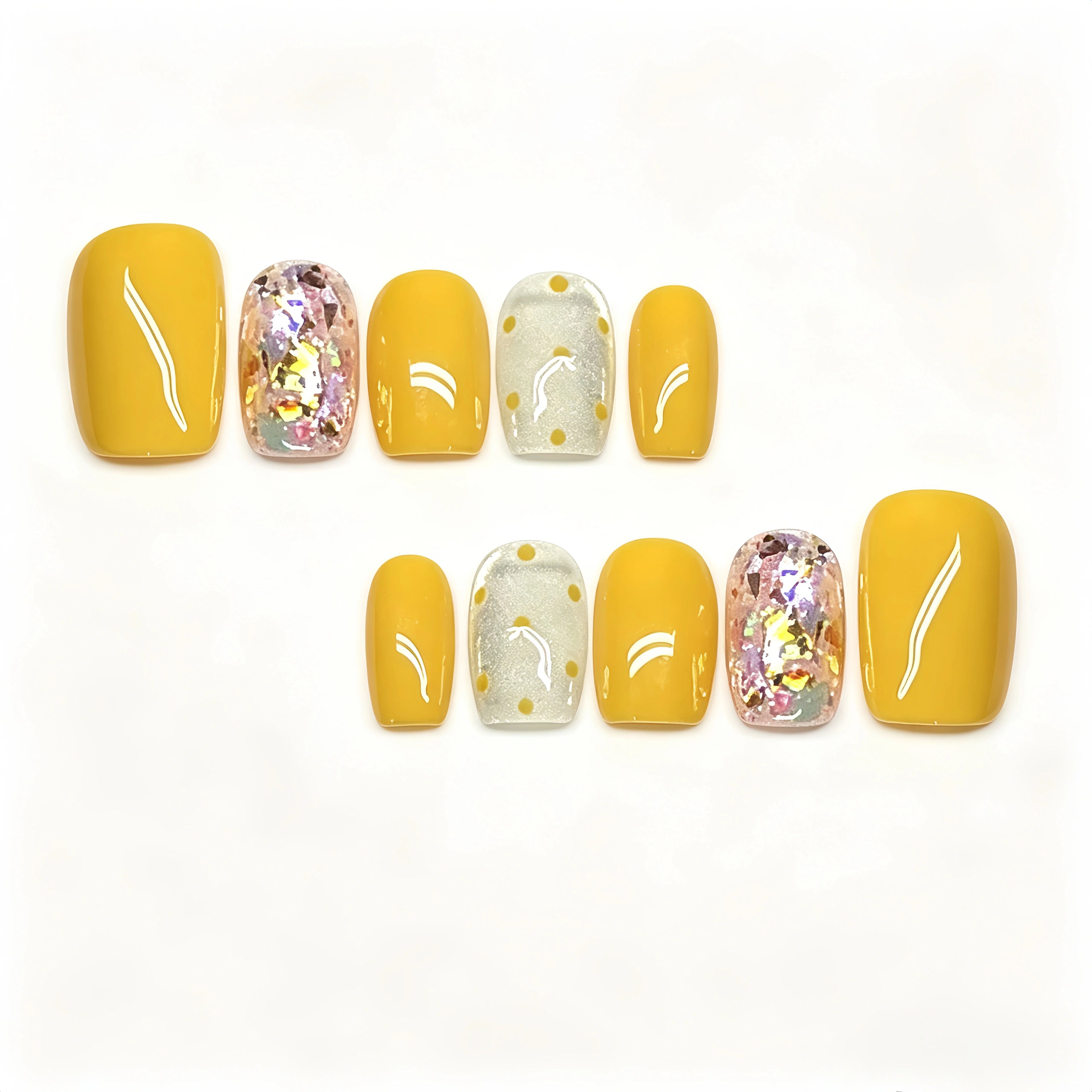 Kentrim Yellow Glitter Polka Dot Short Square Press On Nails - 10 Pieces (Single Size)