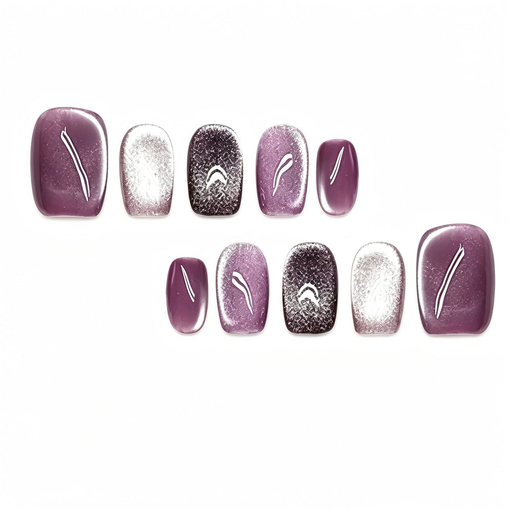 Kentrim Purple Silver Cat Eye Press On Nails - 10 Pieces (Single Size, Square/Round)