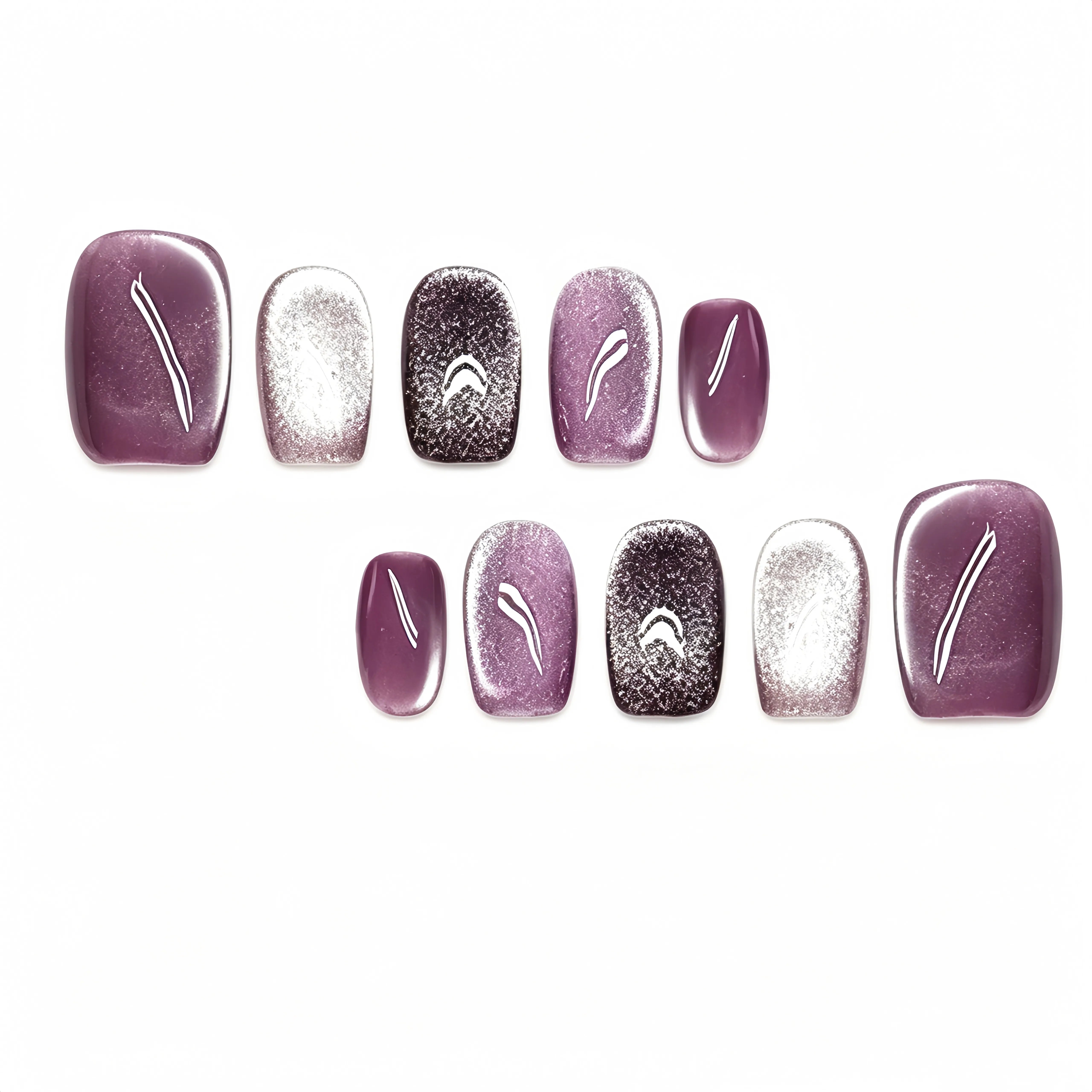 Kentrim Purple Silver Cat Eye Press On Nails - 10 Pieces (Single Size, Square/Round) Main image