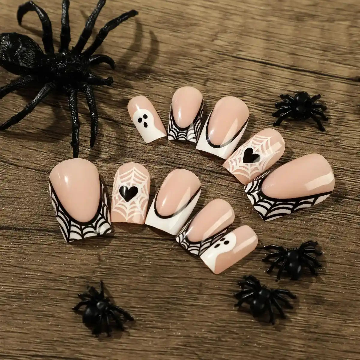 Kentrim Jelly Glue Black Kentrim Ghost Heart Spider Web Coffin Halloween Press On Nails - 24 Pieces (12 Sizes)
