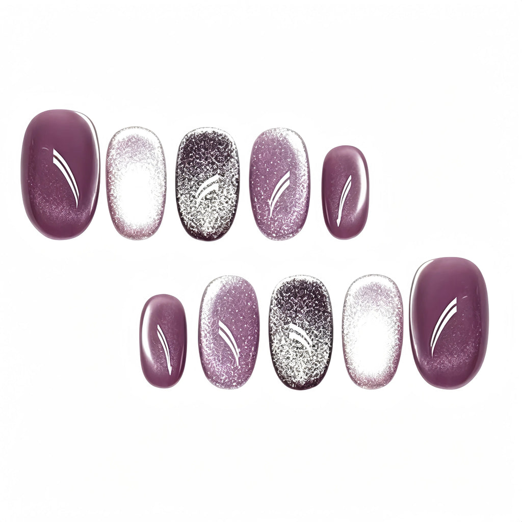 Kentrim Purple Silver Cat Eye Press On Nails - 10 Pieces (Single Size, Square/Round)