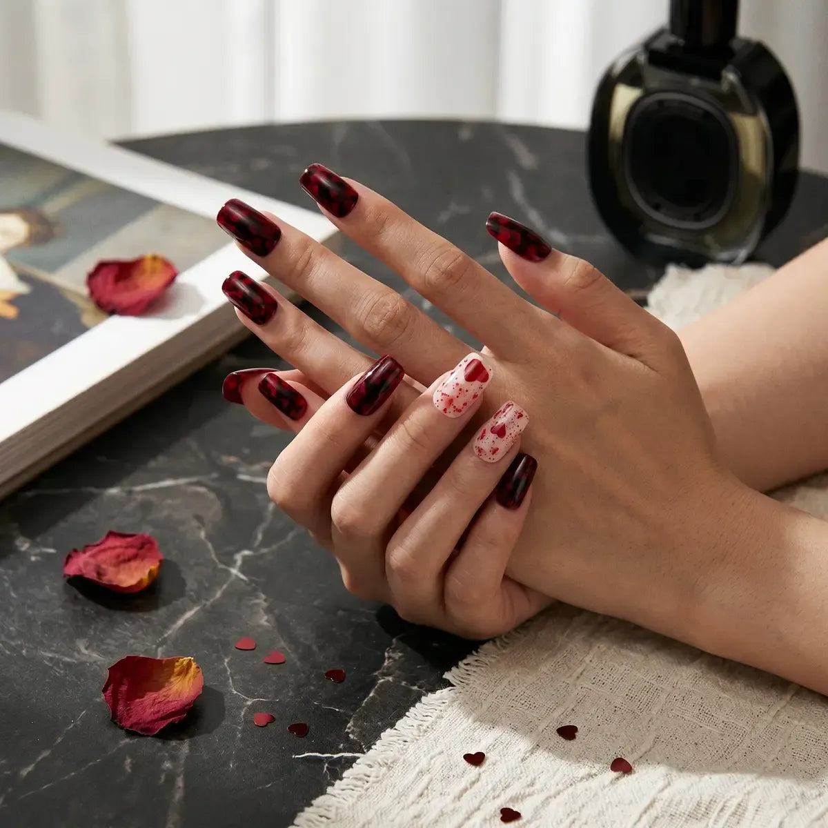 Kentrim Wine Red Tortoiseshell & Heart Medium Square Press On Nails - 24 Pieces (12 Sizes) Secondary image
