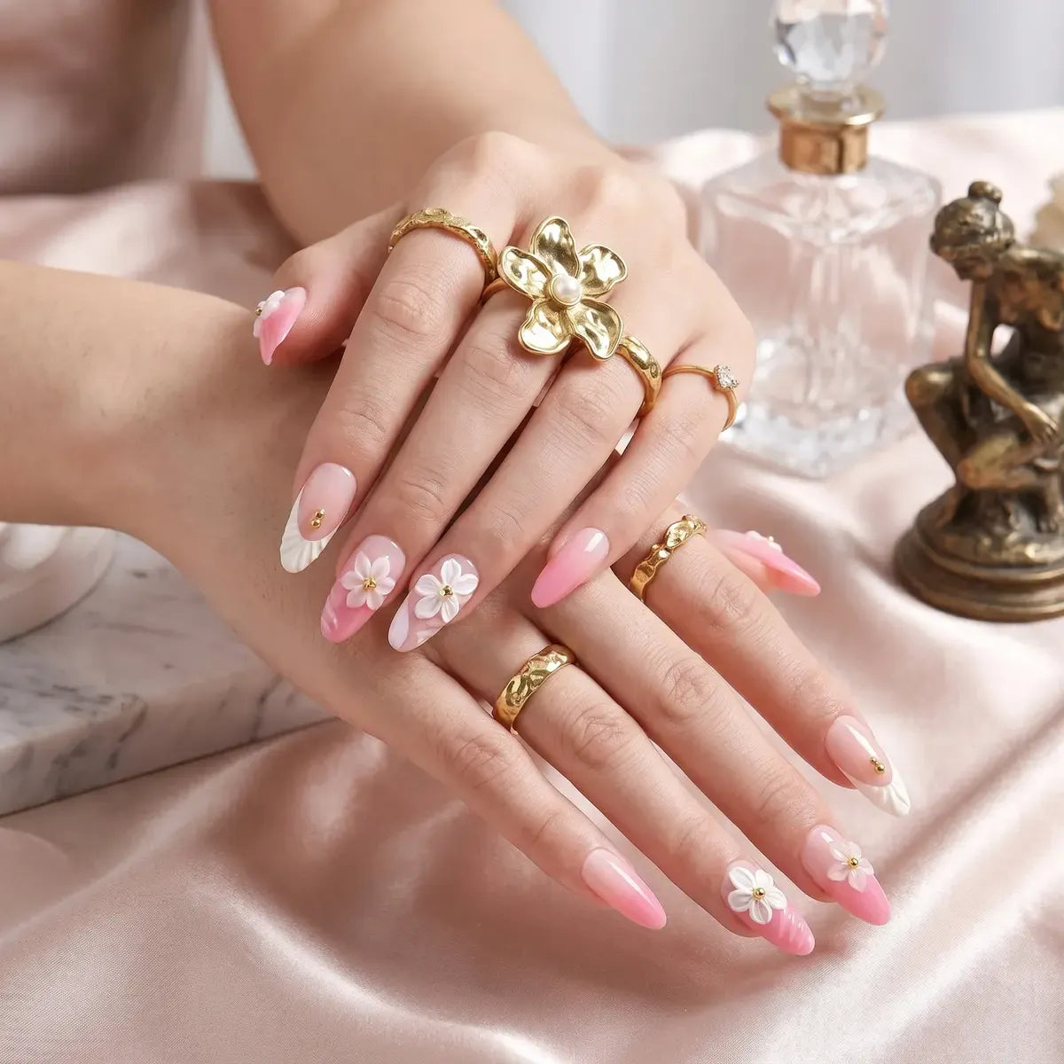 Kentrim Pink Floral Almond Press On Nails-24 Pieces (12 Sizes) Secondary image