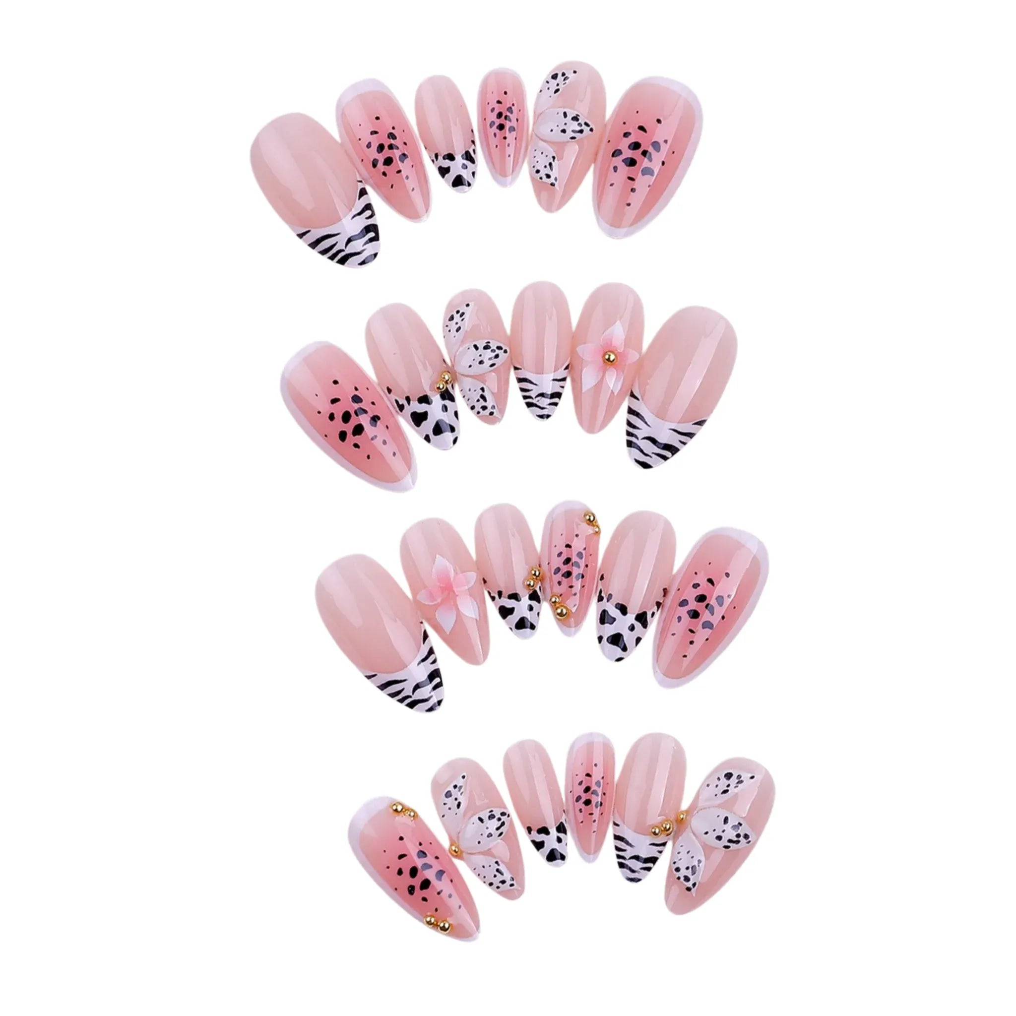 Kentrim Nude French Press On Nails with Zebra and Leopard Print, 24-piece set showing 12 nail sizes on a white background. Main image