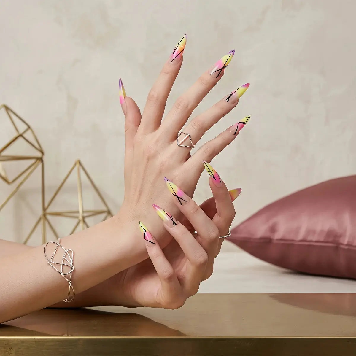 Kentrim Jelly Glue Yellow Kentrim Neon Gradient Abstract Line Press On Nails - 30 Pieces (15 Sizes)