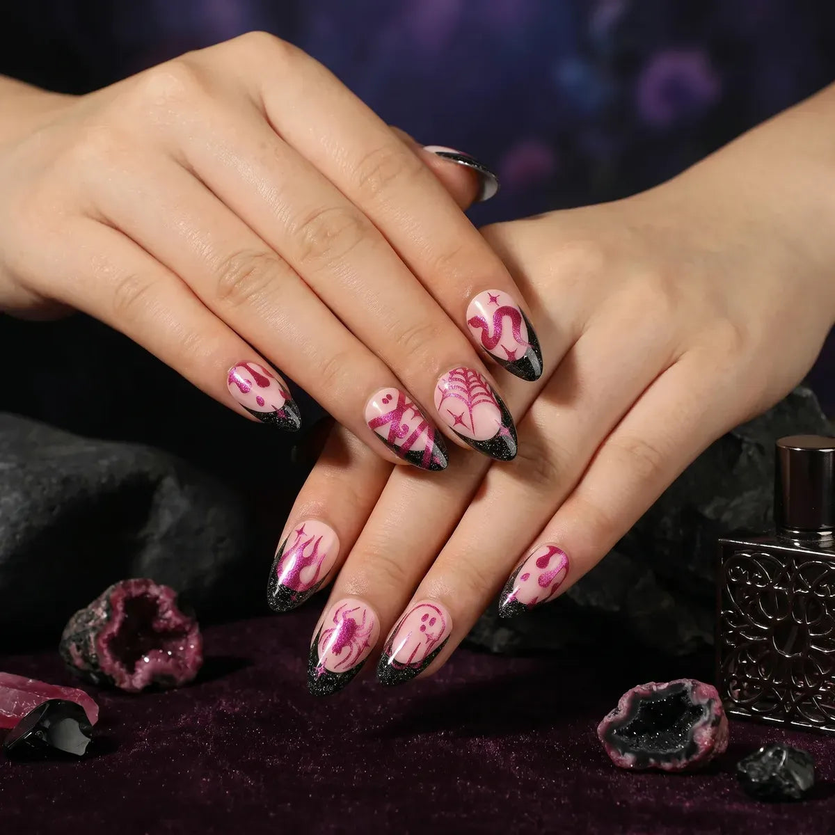 Kentrim Pink Black Spider Ghost Short Almond Halloween Press On Nails - 24 Pieces (12 Sizes) Secondary image