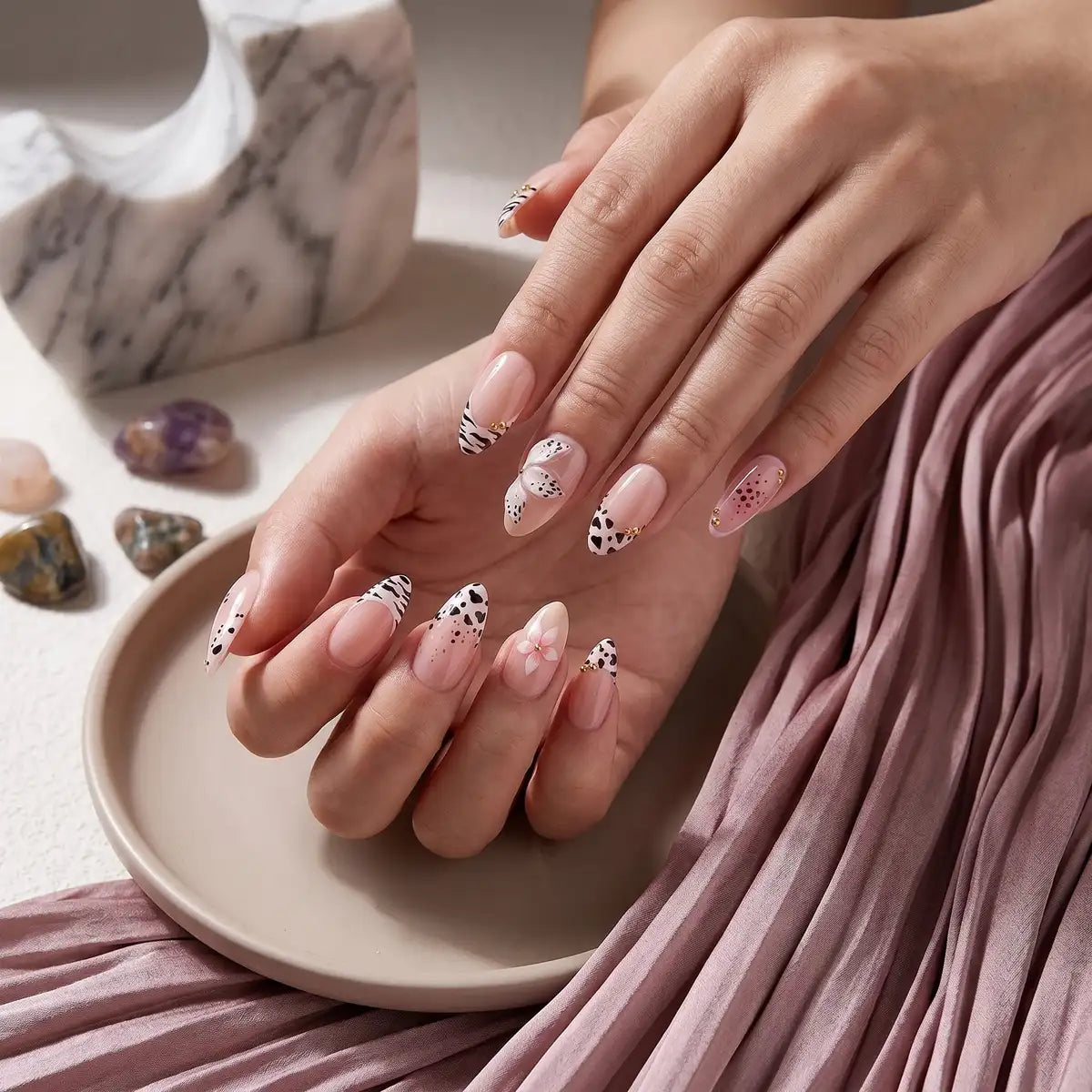 Kentrim Nude with Zebra & Leopard Print French Press On Nails - 24 Pieces (12 Sizes) Secondary image