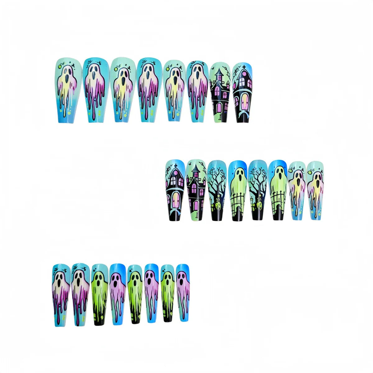 Kentrim Pastel Ghost Haunted House Long Coffin Press On Nails - 24 Pieces (12 Sizes) Secondary image