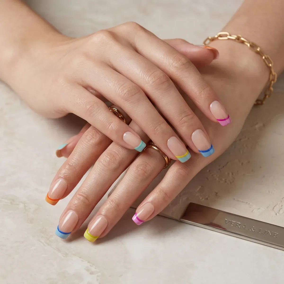 Kentrim Jelly Glue Pink Kentrim Rainbow French Tip Short Square Press On Nails - 24 Pieces (12 Sizes)